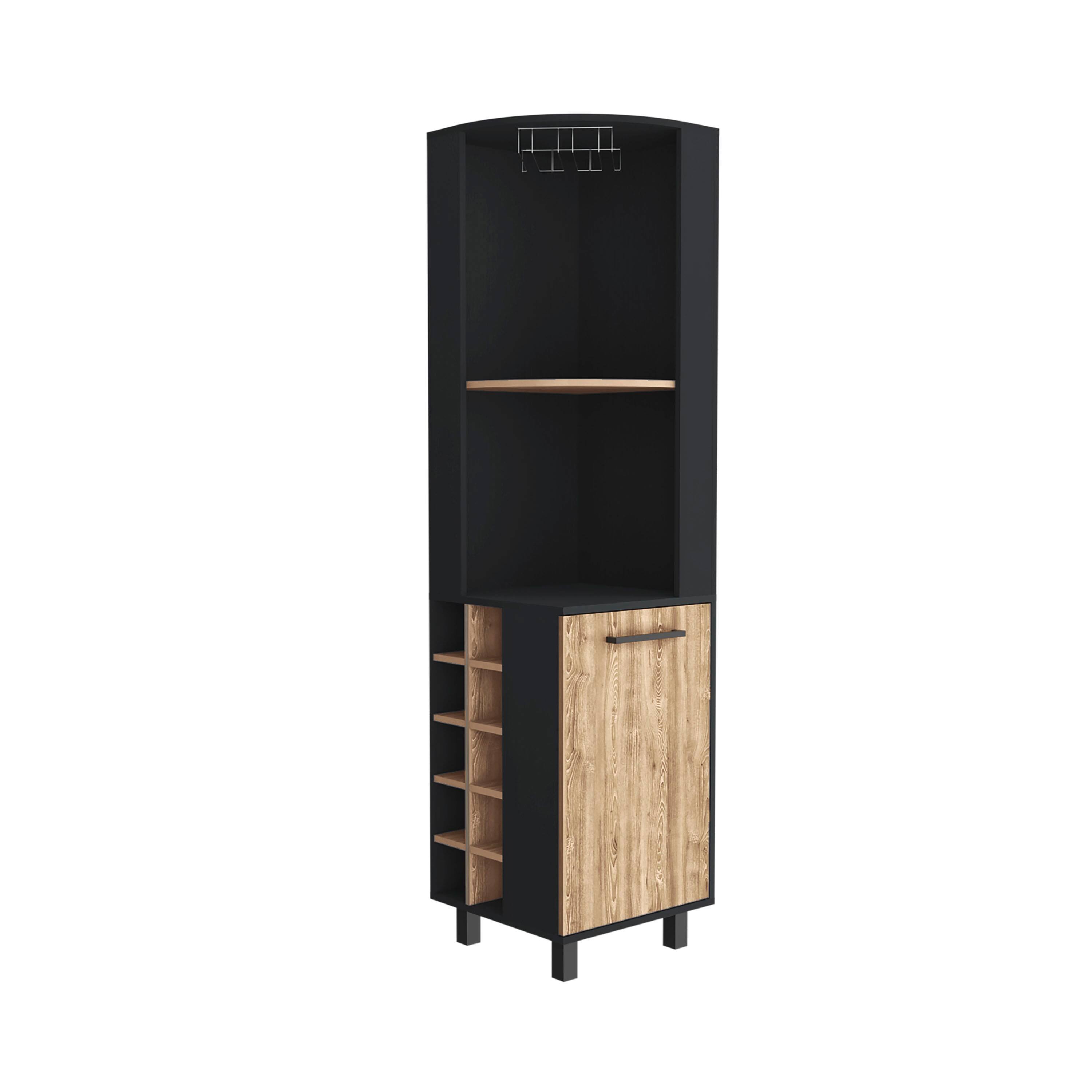 Front. TuHome - Kaia Tall Corner Bar Cabinet with Four Shelves, Ten Wine Bottle Cubbies, Stemware, Bar Room or Living Room. - Black / Pine.