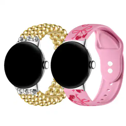 Front. Posh Tech - 2-Pack Beaded + Cherry Silicone Bands for Smartwatch - Gold, Pink.