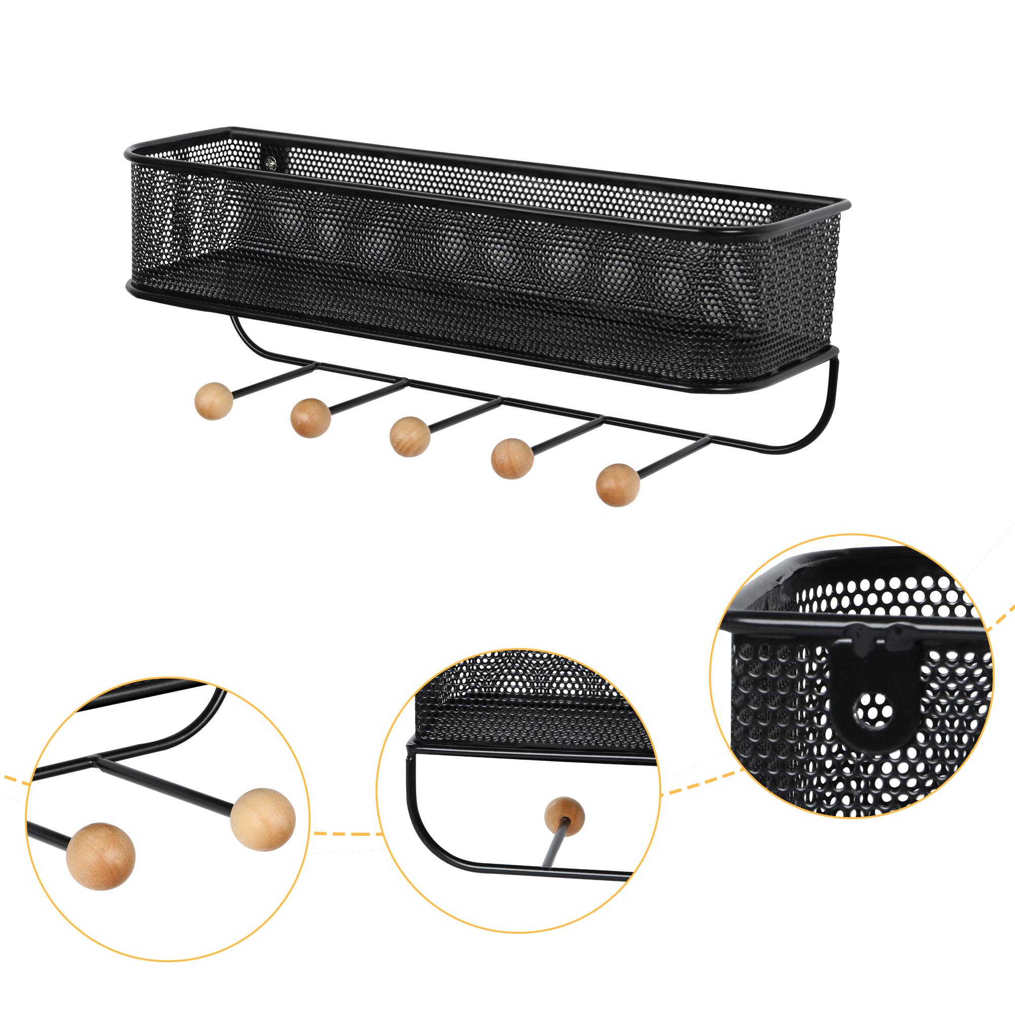 Left. Oumilen - Mesh Wall Storage Basket with Wooden Hooks, Black.