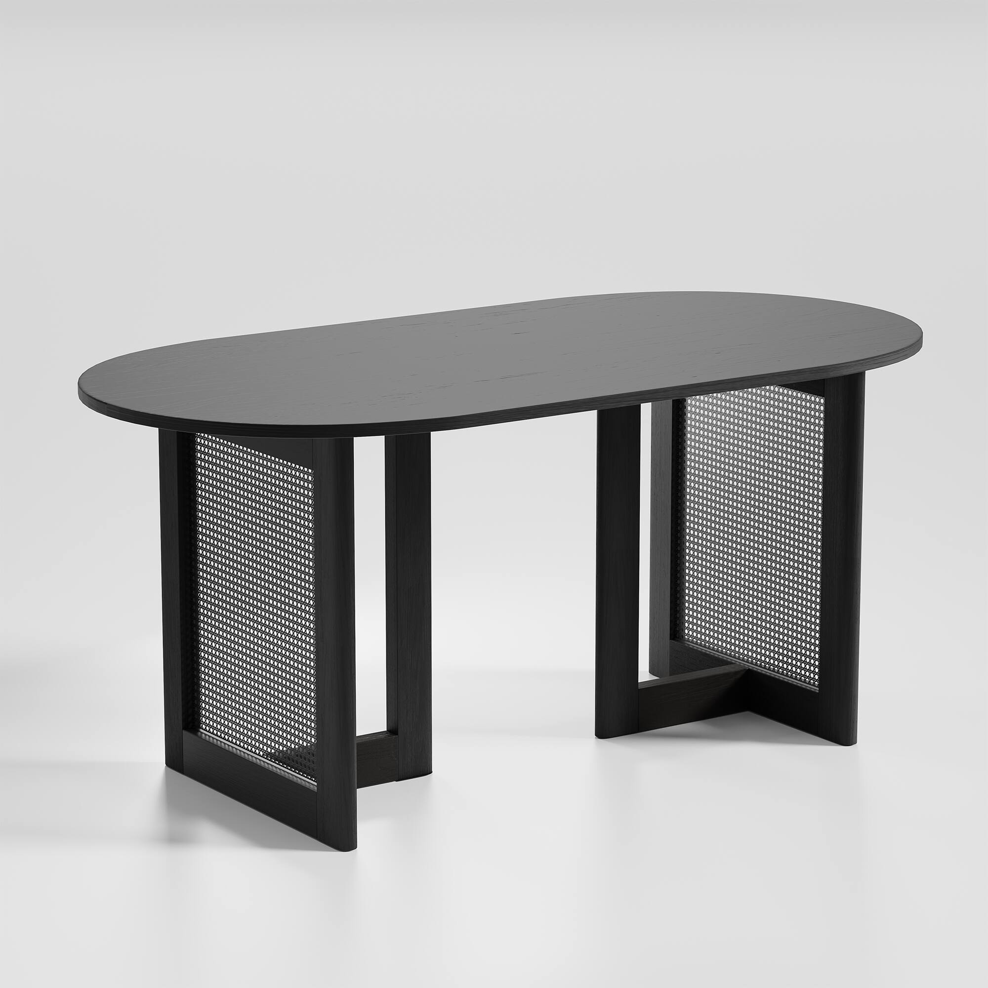 Angle. PexFix - Modern Farmhouse Oak Dining Table | Oval Rattan & Solid Wood, Double Pedestal Base for 6, 67-Inch - Black.