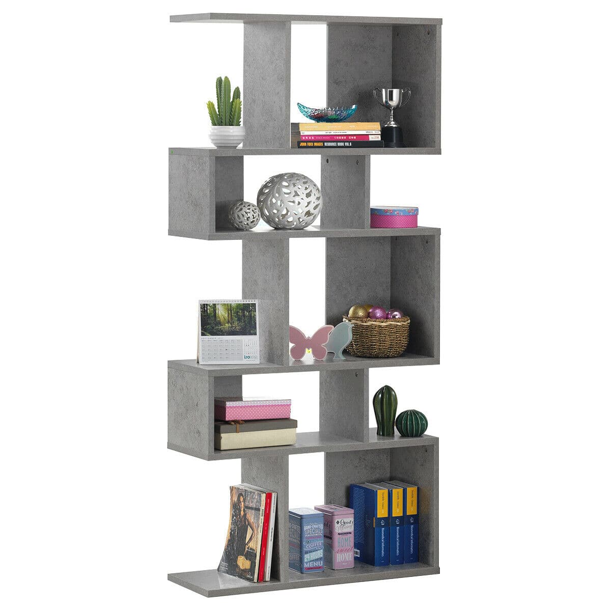 Gymax - 5 Cubes Ladder Shelf Freestanding Corner Bookshelf Display Rack Bookcase - Gray