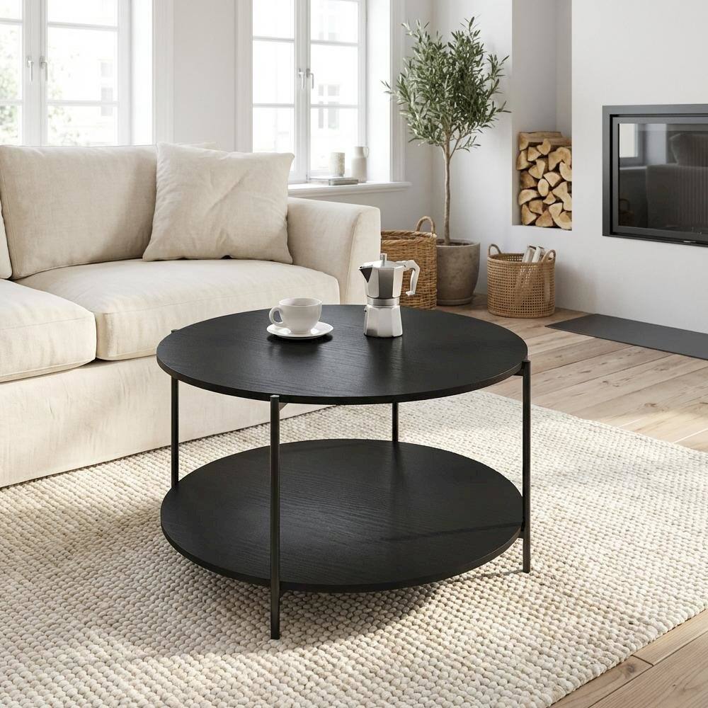 Left. FurniFact - Modern Round Coffee Table Americano with 2-Tier Design and Sturdy Metal Legs - Americano, Black.