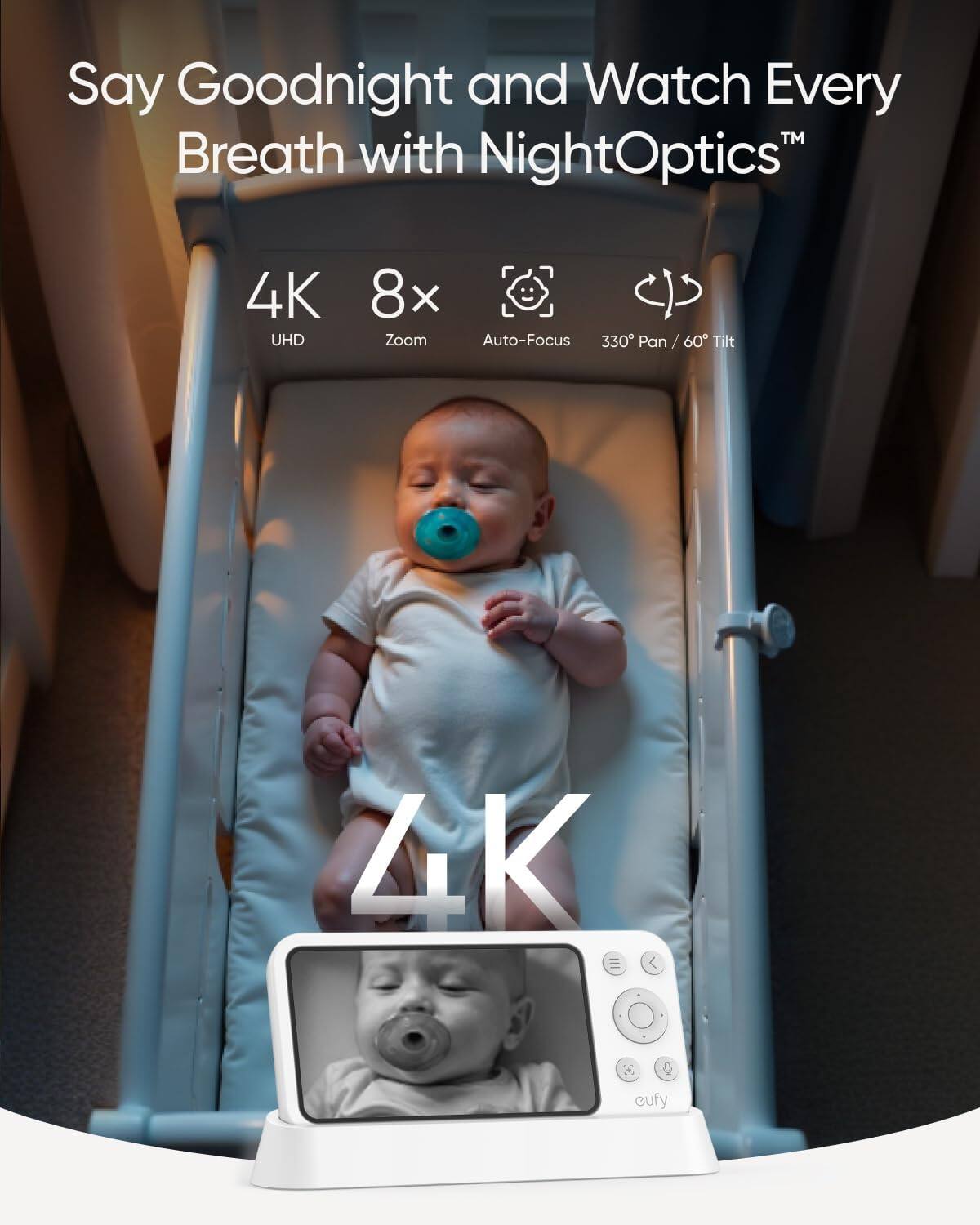 Say Goodnight and Watch Every Breath with NightOptics™ 4K UHD 8x Zoom Auto-Focus 330° Pan / 60° Tilt