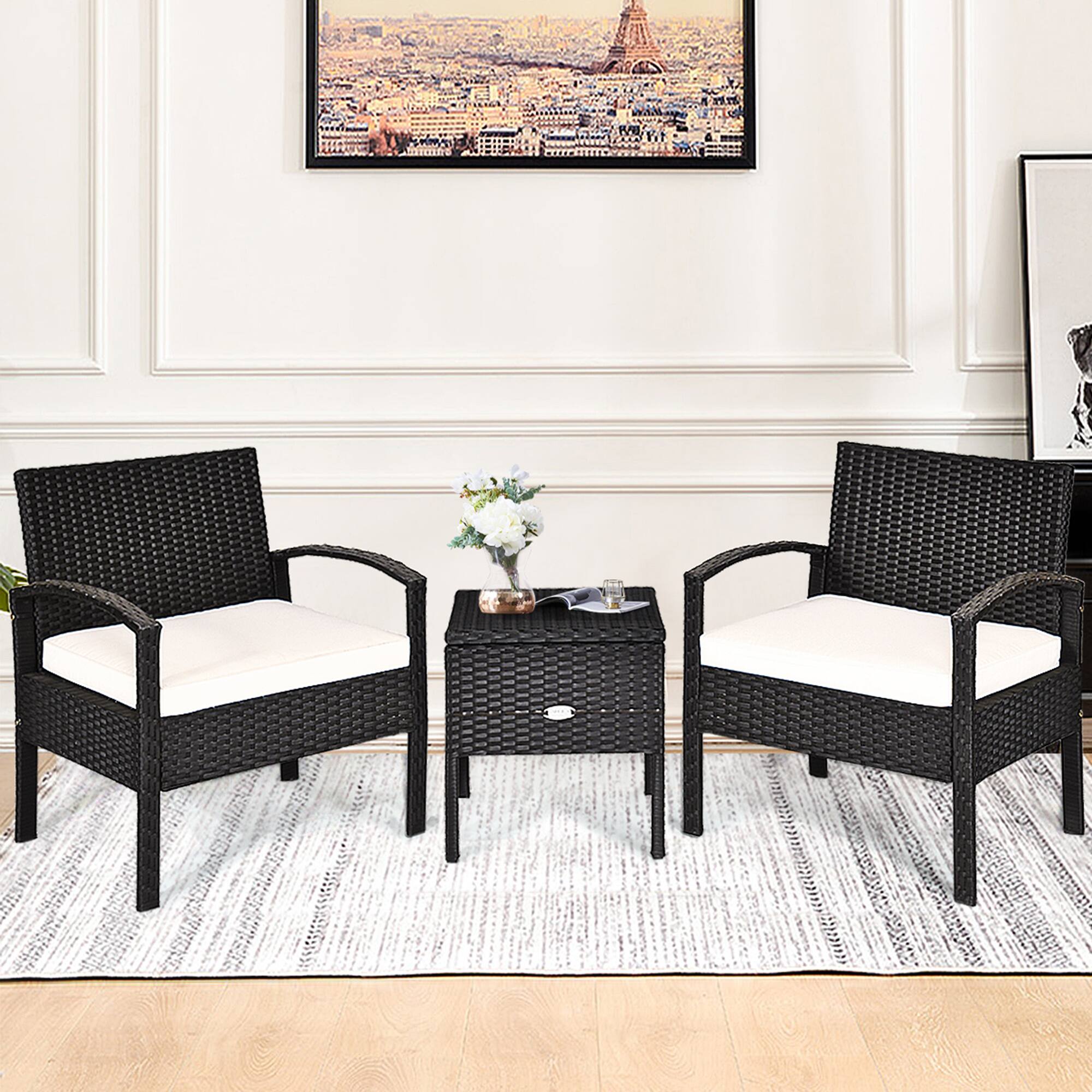 Alt View 4. Gymax - Gymax 3PCS Rattan Patio Conversation Set Outdoor Furniture Set w/ Storage Table - Black.