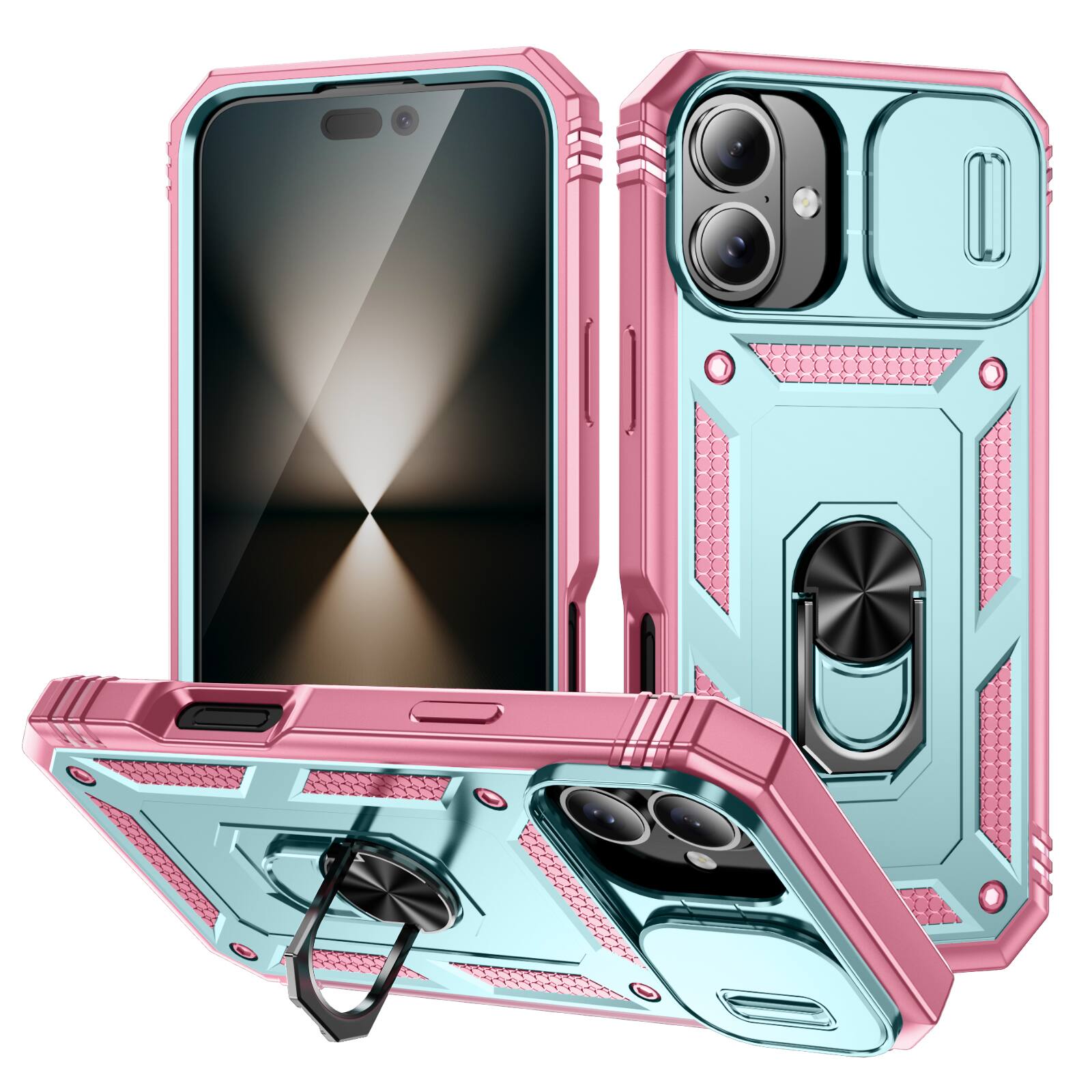 Front. Dteck - Magnetic Case For Apple iPhone 17 with Slide Camera Protection Ring Kickstand PC TPU Rugged Cover - Green/Pink.