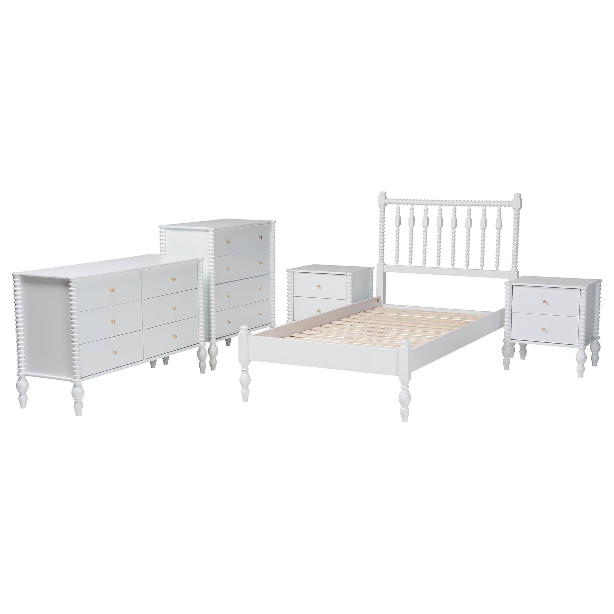 Angle. Baxton Studio - Callison Spindle 5-Piece Bedroom Set - Platform Bed with Matching Dresser, Chest, and 2-Drawer Nightstands, Twin - White.
