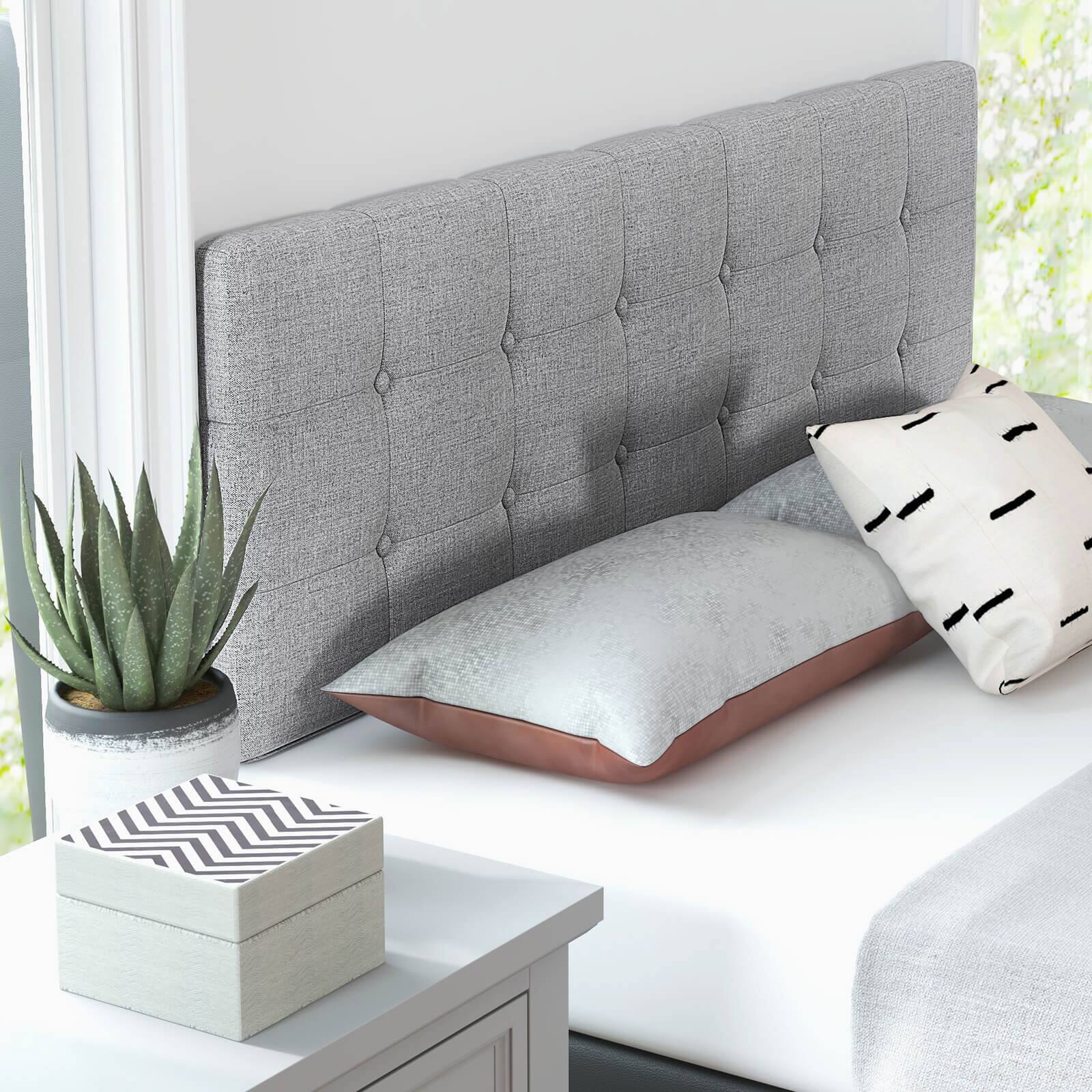 Back. SlickBlue - Soft Linen Headboard with Durable Rubber Wood Frame - Grey.