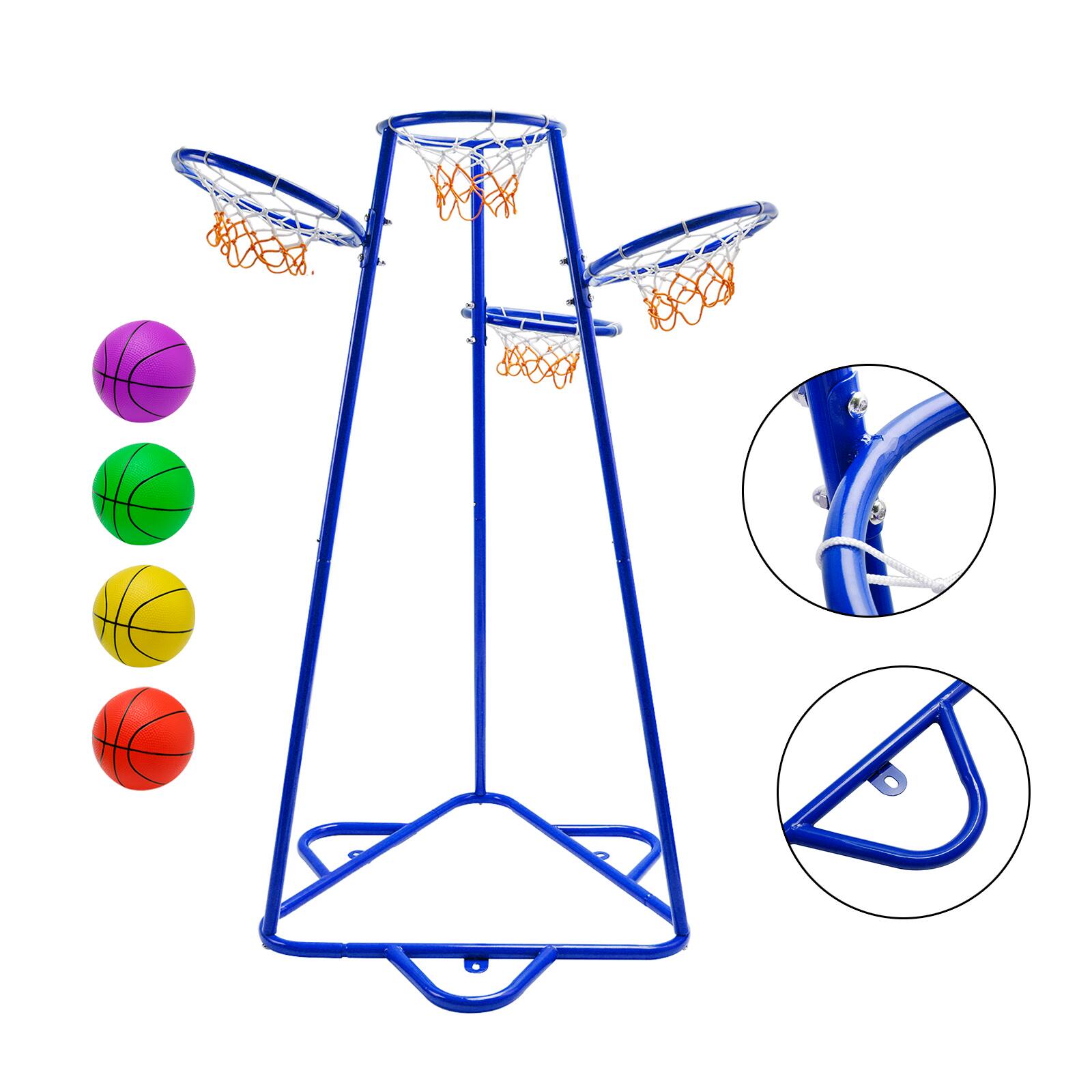 Left. Topteng - 4-Hoop Kids Basketball Set with 4 Balls - Adjustable Height Preschool Toy for Indoor & Outdoor Play, Blue.