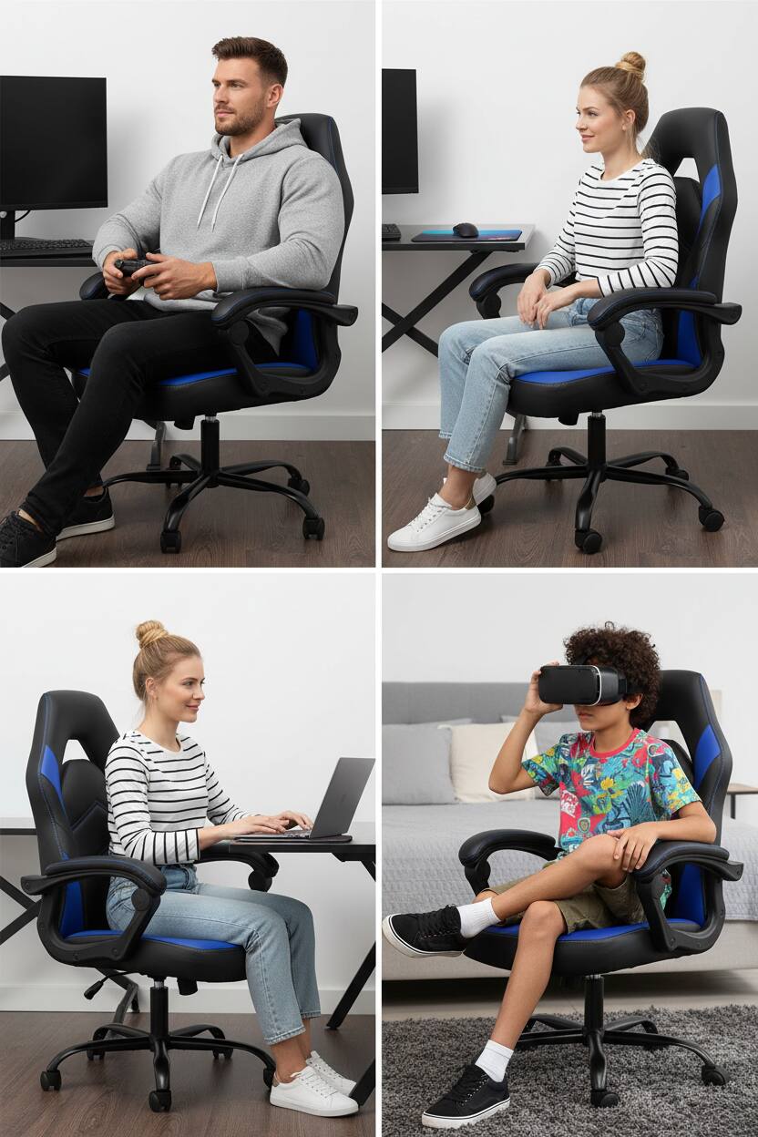Alt View 5. AOITUN - Ergonomic Gaming Chair, High Back PU Leather Computer Desk Chair with Flip-up Armrests & Adjustable Height, Black Blue - Blue.