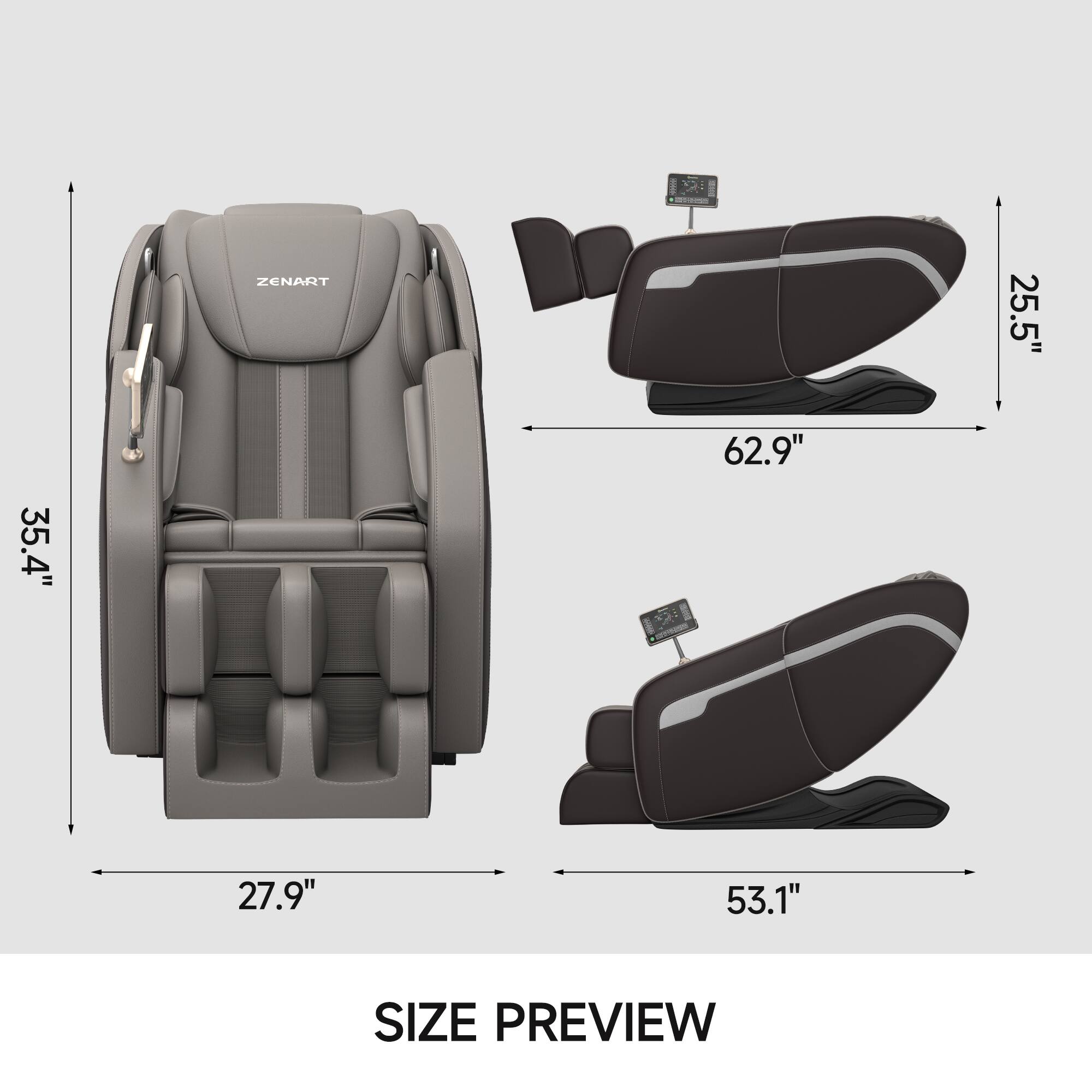 ZENART

SIZE PREVIEW

- Width: 27.9"
- Height: 35.4"
- Depth: 62.9"
- Footrest Length: 53.1"
- Armrest Height: 25.5"
