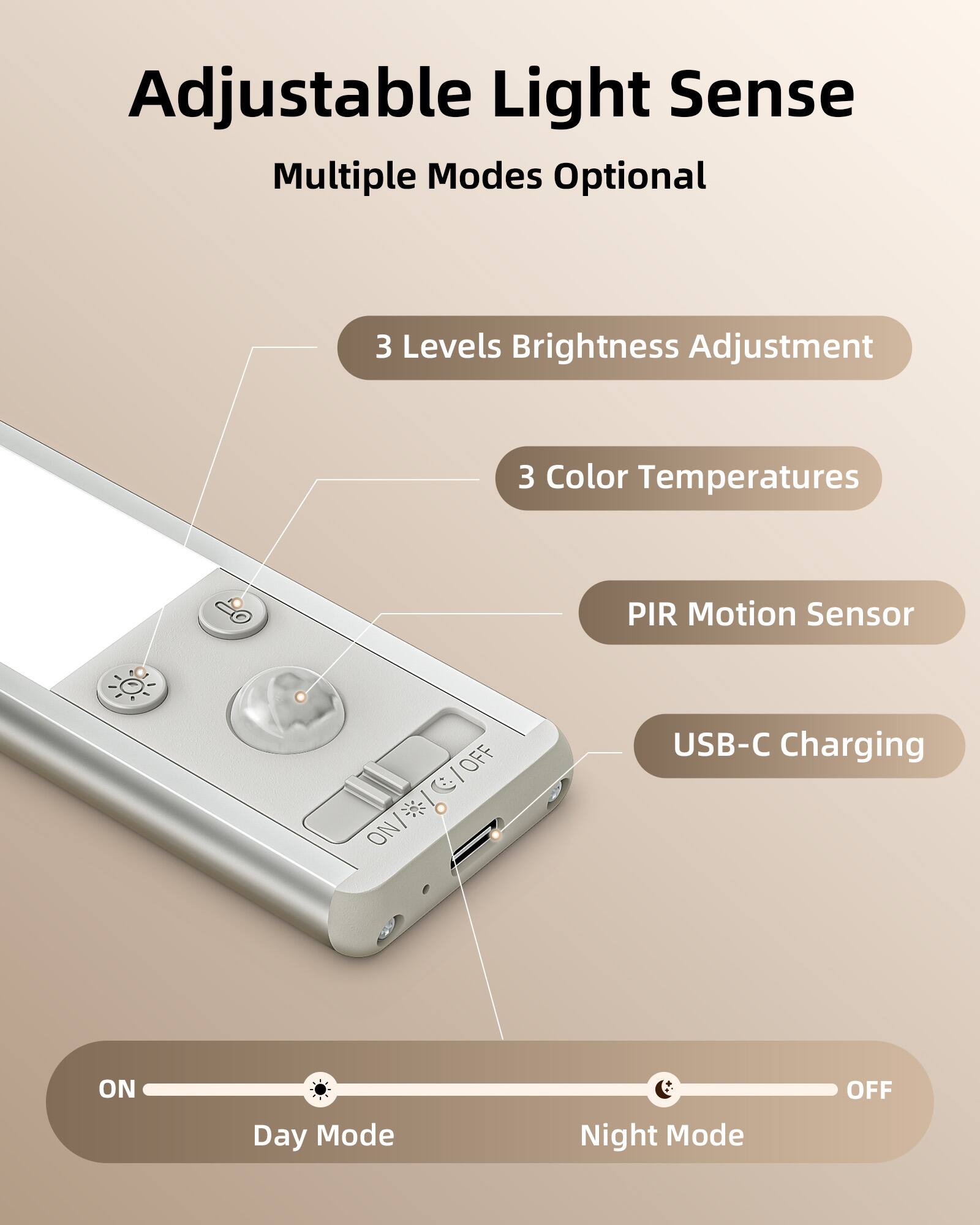 Adjustable Light Sense  
Multiple Modes Optional  

- 3 Levels Brightness Adjustment  
- 3 Color Temperatures  
- PIR Motion Sensor  
- USB-C Charging  

Day Mode  
Night Mode
