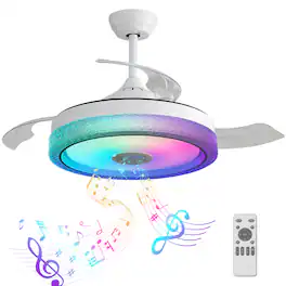 Sofucor - 42 Inch Retractable Ceiling Fan with Lights & RGB Speaker & Remote Dimmable 6 Speed Reversible for Living Room Bedroom - White
