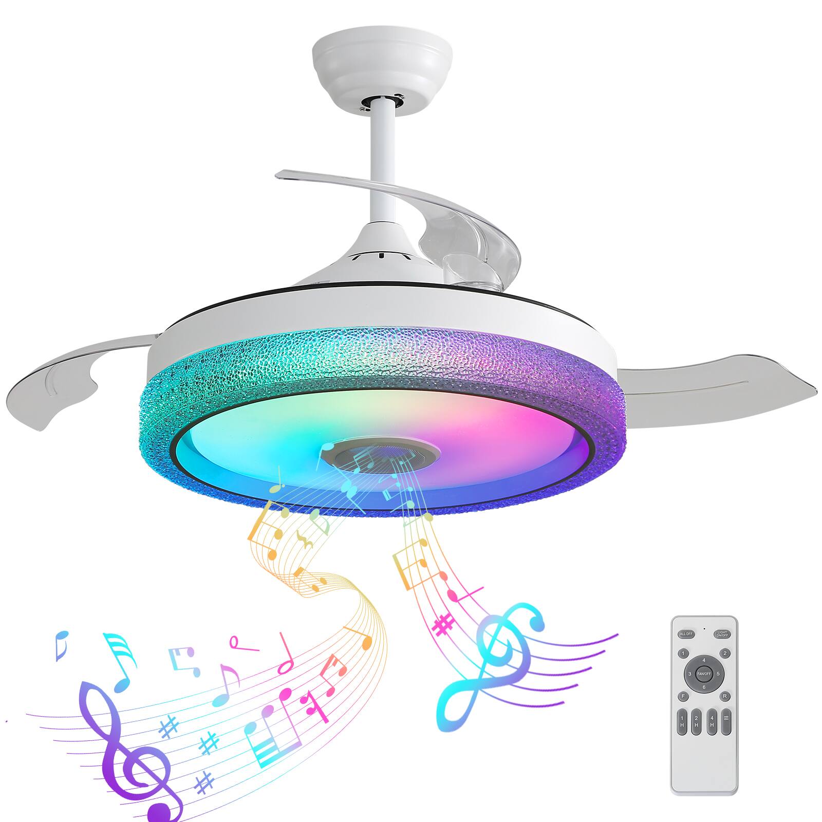 Front. Sofucor - 42 Inch Retractable Ceiling Fan with Lights & RGB Speaker & Remote Dimmable 6 Speed Reversible for Living Room Bedroom - White.