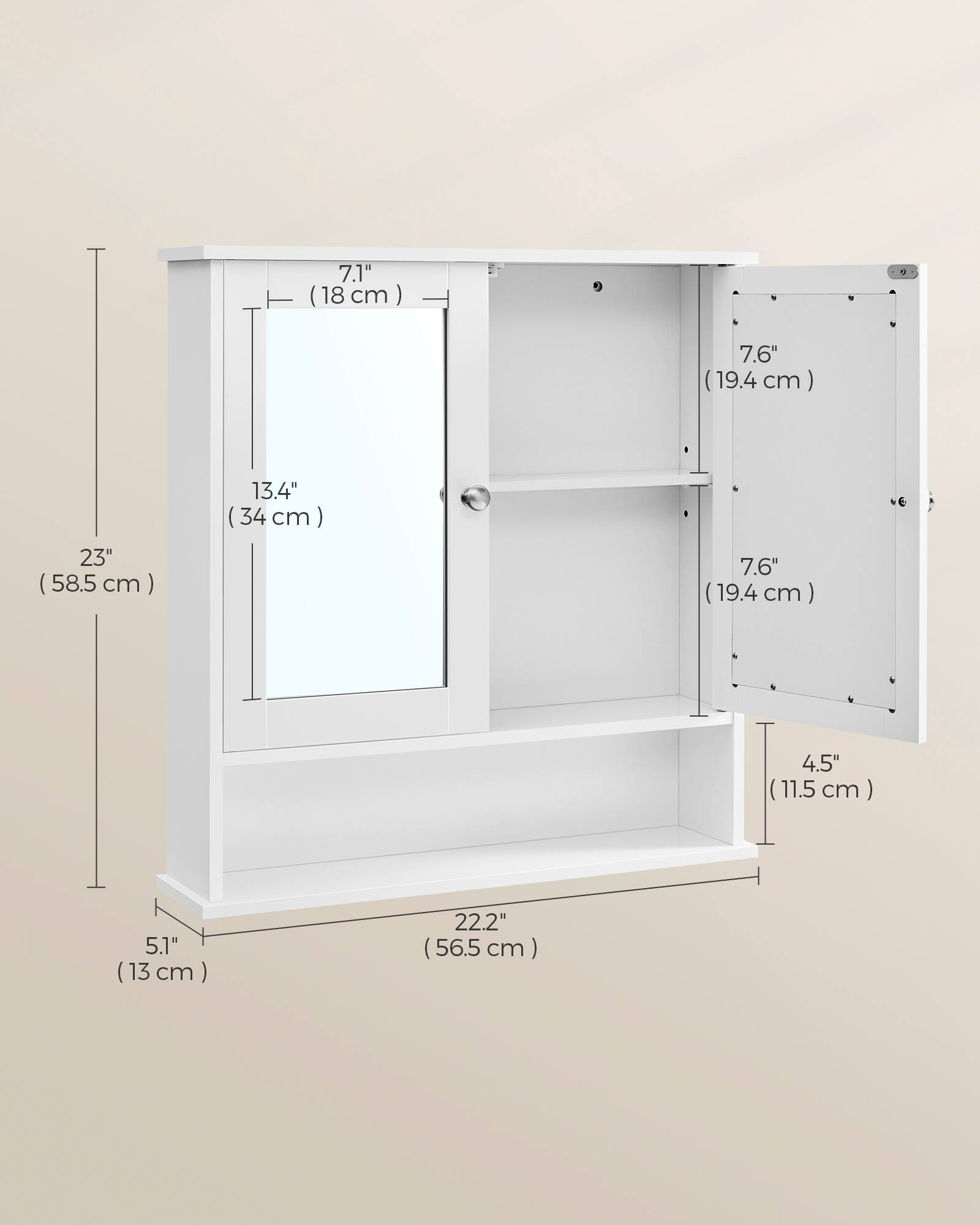 7.1" (18cm)  
7.6" (19.4cm)  
23" (58.5cm)  
13.4" (34cm)  
7.6" (19.4cm)  

4.5" (11.5cm)  
5.1" (13cm)  
22.2" (56.5cm)