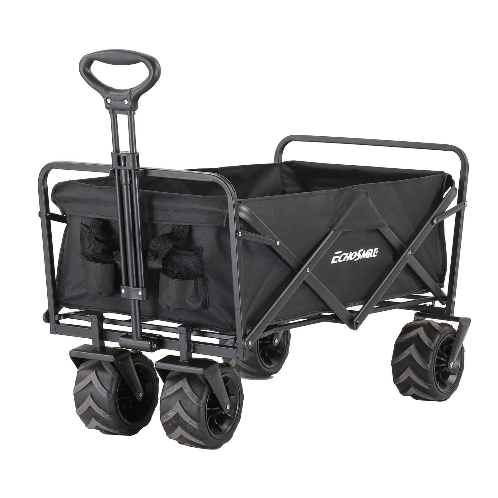 Front. Wikistore - Wikistore Heavy Duty Folding Wagon Cart 300lbs Capacity Big Wheels Adjustable Handle for Camping Garden & Shopping - Black.