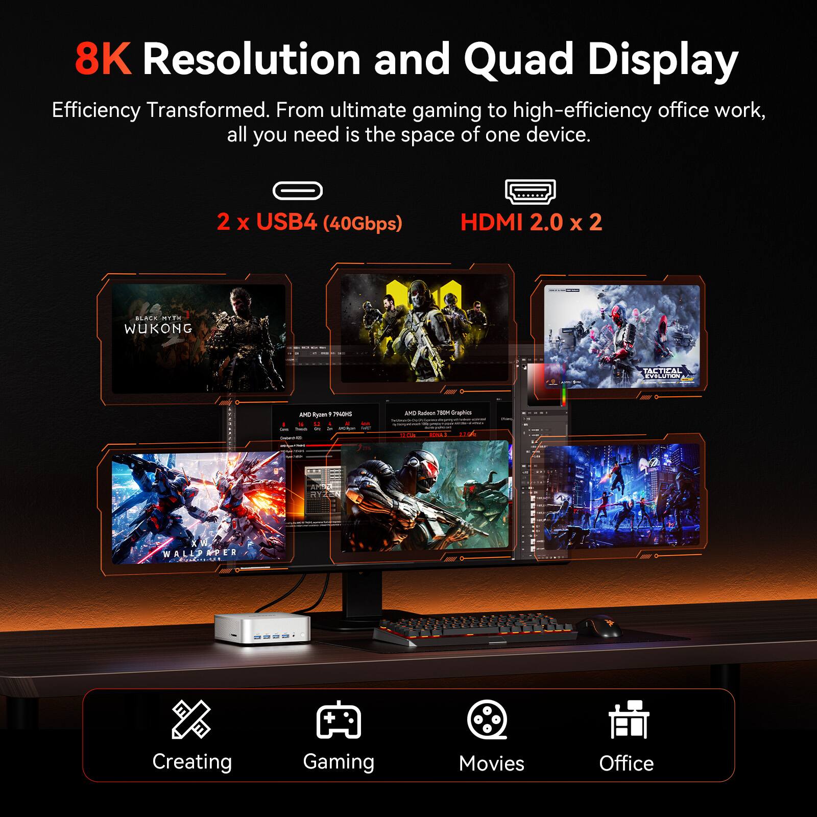 8K Resolution and Quad Display

Efficiency Transformed. From ultimate gaming to high-efficiency office work, all you need is the space of one device.

2 x USB4 (40Gbps) HDMI 2.0 x 2

Creating Gaming Movies Office