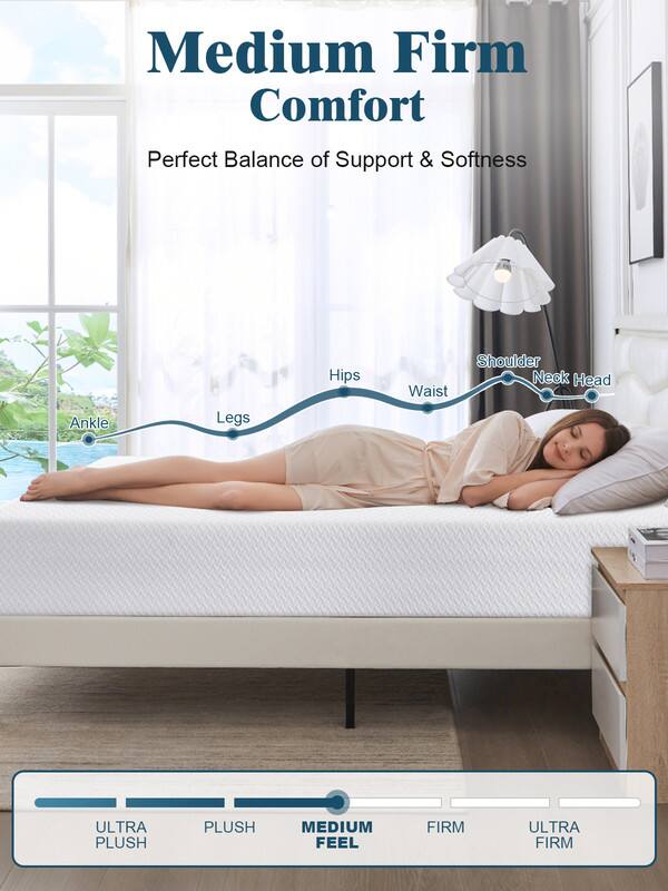 Medium Firm Comfort  
Perfect Balance of Support & Softness  

Hips  
Waist  
Shoulder  
Neck Head  
Legs  
Ankle  

ULTRA PLUSH  
PLUSH  
MEDIUM FEEL  
FIRM  
ULTRA FIRM