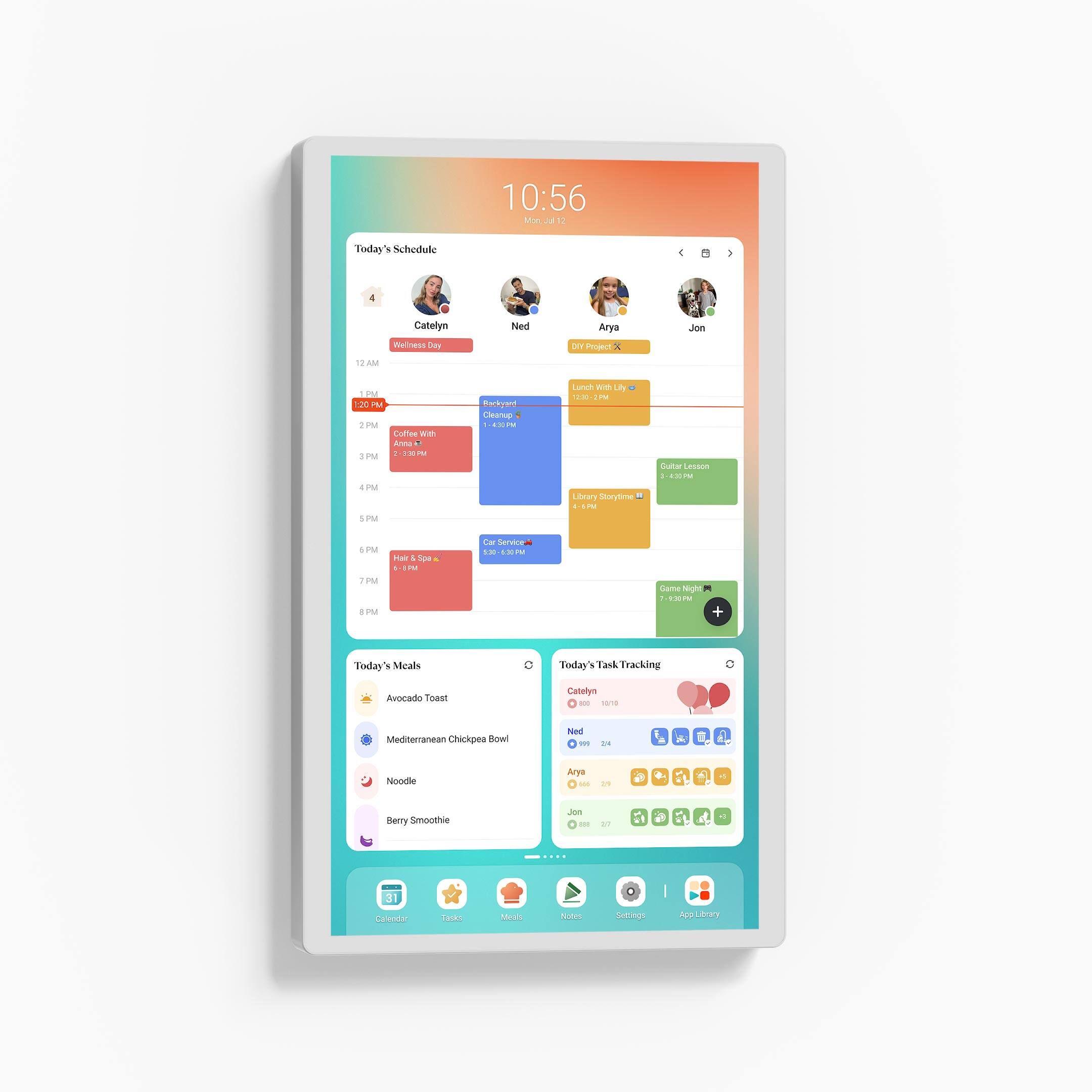 10:56 AM  
Today's Schedule

4 Catelyn  
Wellness Day

12:00 PM  
Lunch with Lily  
12:30 PM - 2 PM

2:00 PM  
Coffee with Ned  
2:30 PM - 3:30 PM

3:00 PM  
Backyard Cleanup  
3:30 PM - 5:30 PM

4:00 PM  
Guitar Lesson  
4:00 PM - 5:00 PM

5:00 PM  
Hair Spa  
5:30 PM - 6:30 PM

6:00 PM  
Lunch Storytime  
6:00 PM - 7:00 PM

7:00 PM  
Game Night  
7:30 PM - 9:30 PM

Today's Meals  
- Avocado Toast  
- Mediterranean Chickpea Bowl  
- Noodle  
- Berry Smoothie

Today's Task Tracking  
- Catelyn: 800/1070  
- Ned: 999/24  
- Arya: 729/29  
- Jon: 888/