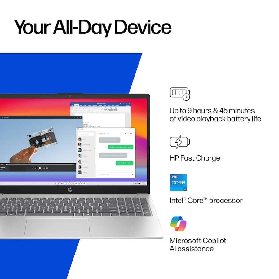 Your All-Day Device

- Up to 9 hours & 45 minutes of video playback battery life
- HP Fast Charge
- Intel® Core™ processor
- Microsoft Copilot AI assistance
