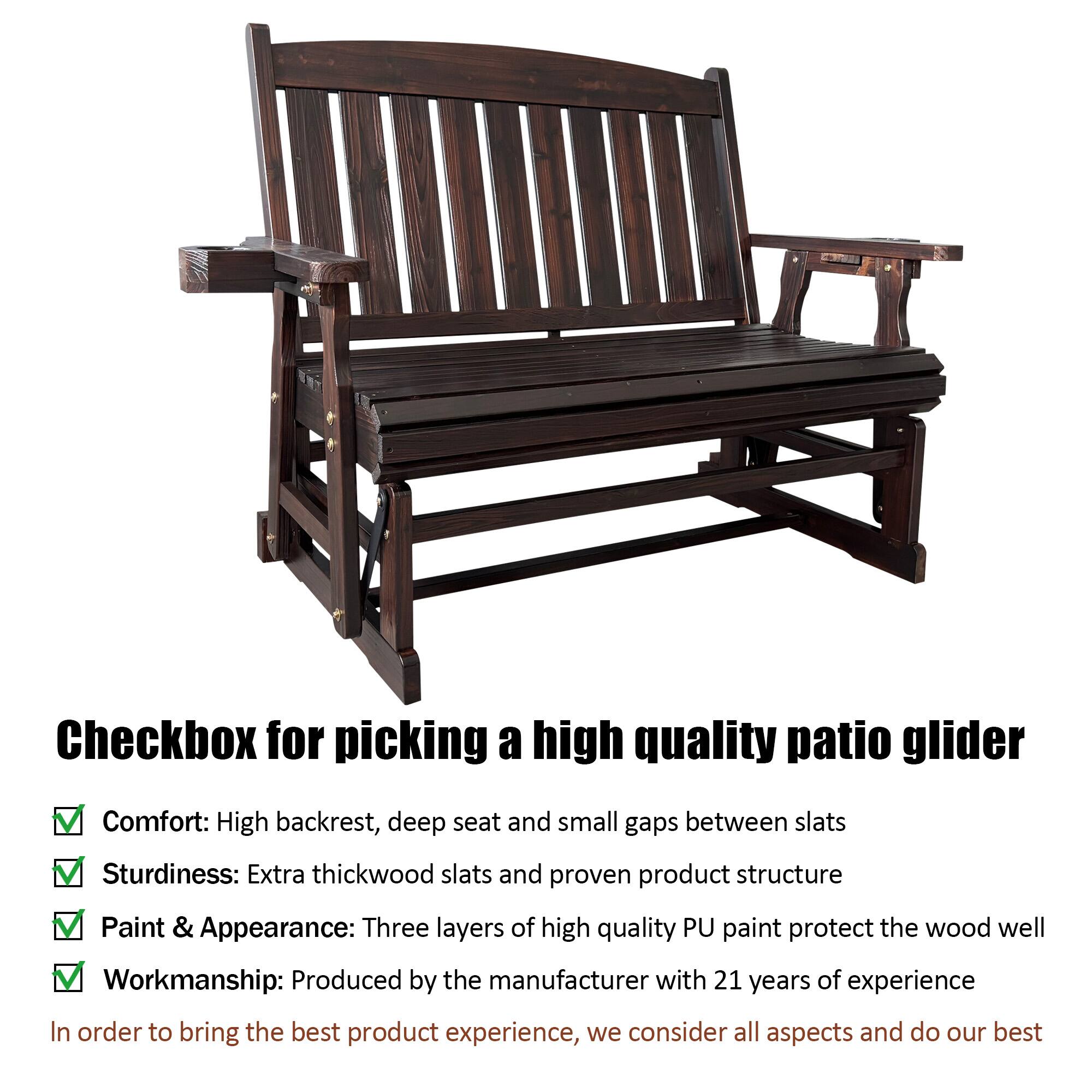 Checkbox for picking a high quality patio glider

- Comfort: High backrest, deep seat and small gaps between slats
- Sturdiness: Extra thickwood slats and proven product structure
- Paint & Appearance: Three layers of high quality PU paint protect the wood well
- Workmanship: Produced by the manufacturer with 21 years of experience

In order to bring the best product experience, we consider all aspects and do our best