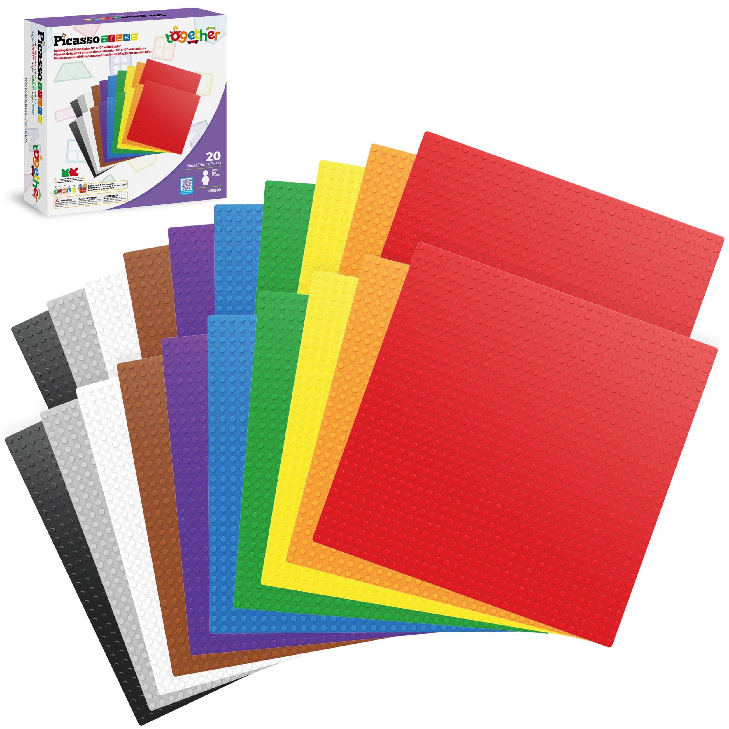 PicassoTiles - 10"x10" Classic Multi Color Building Brick Plates - 20 Pack