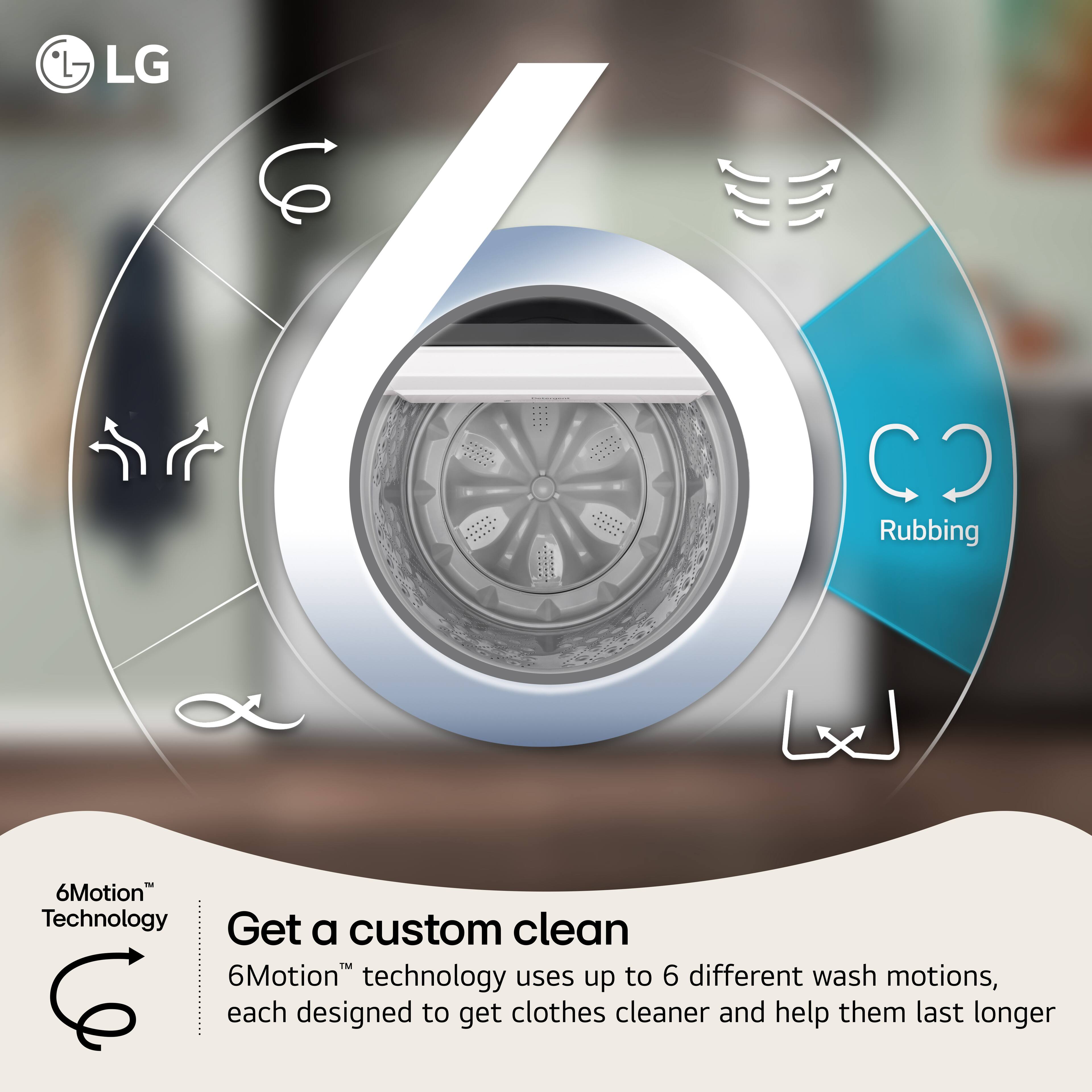 LG CO Rubbing  
6Motion Technology  
Get a custom clean  
6Motion™ technology uses up to 6 different wash motions, each designed to get clothes cleaner and help them last longer