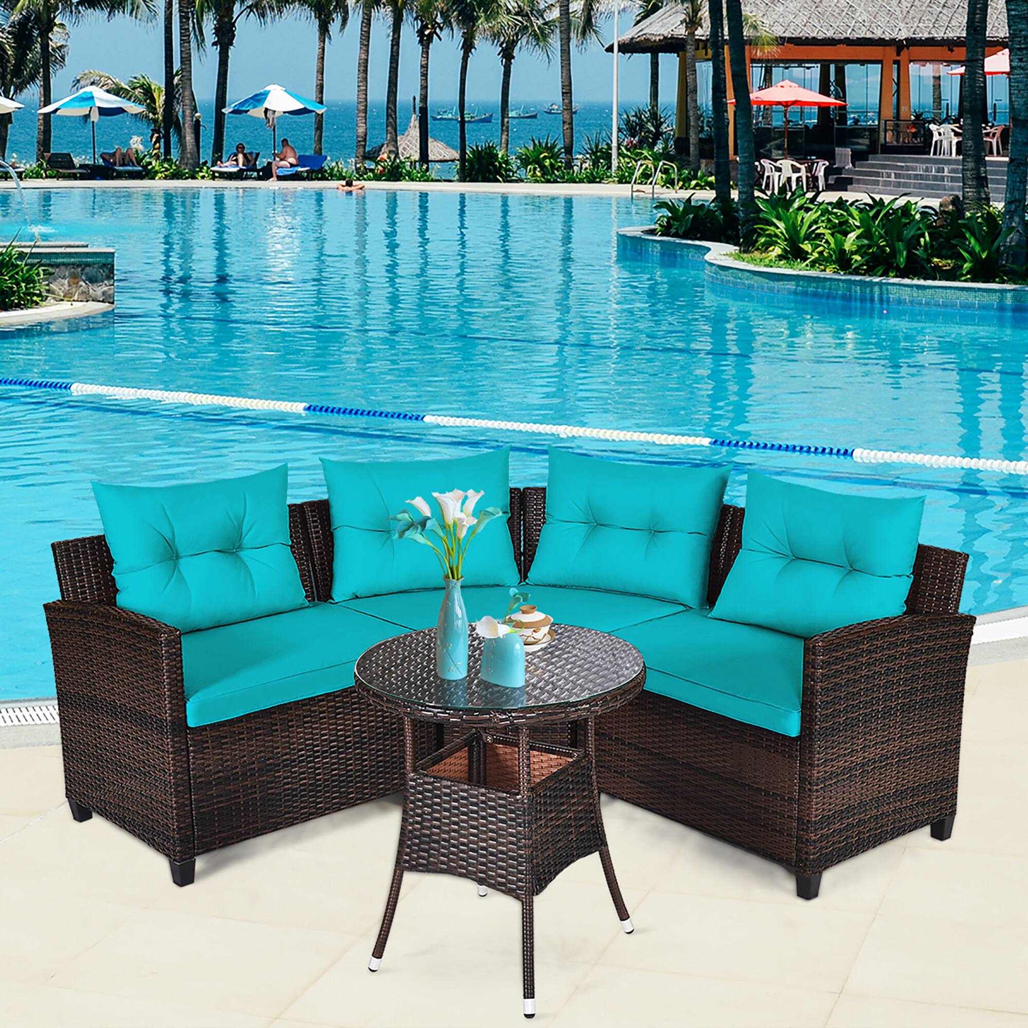 Alt View 8. Costway - 4PCS Outdoor Patio Rattan Furniture Set Cushioned Sofa Table - Dark Brown/Turquoise.