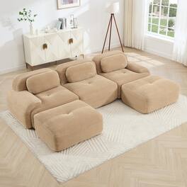 LOVMOR - U Shaped Modular No Assembly Corduroy Couch Compressed Pack Anti Slip Curved Armrests For Bedroom Den Textured - Camel