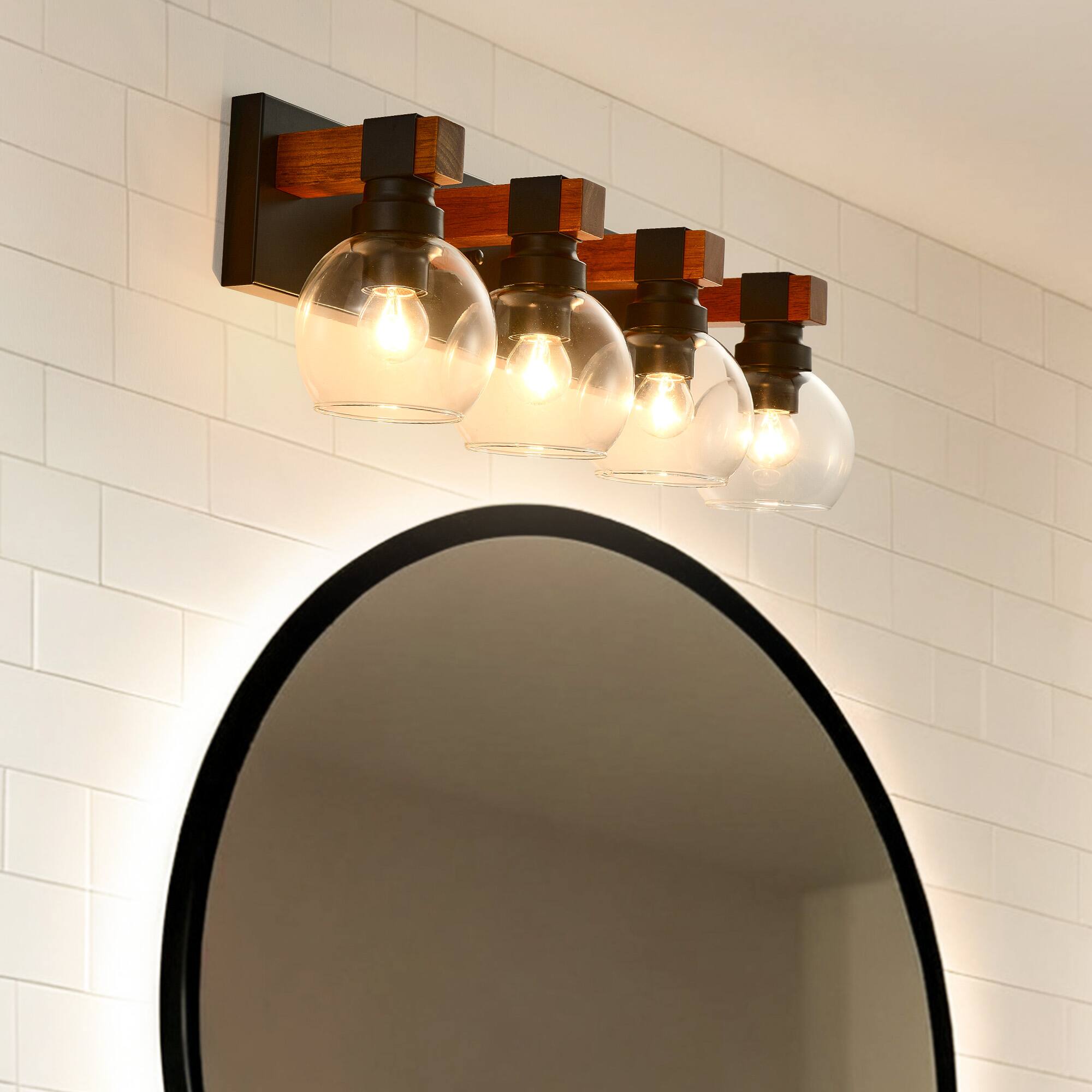 Front. RYHNUYNE - 4 Light Bathroom Vanity Light Fixtures, Black and Gold Wood Bathroom Light Fixtures Over Mirror, Farmhouse Wall Sconces4 - Black and Gold.