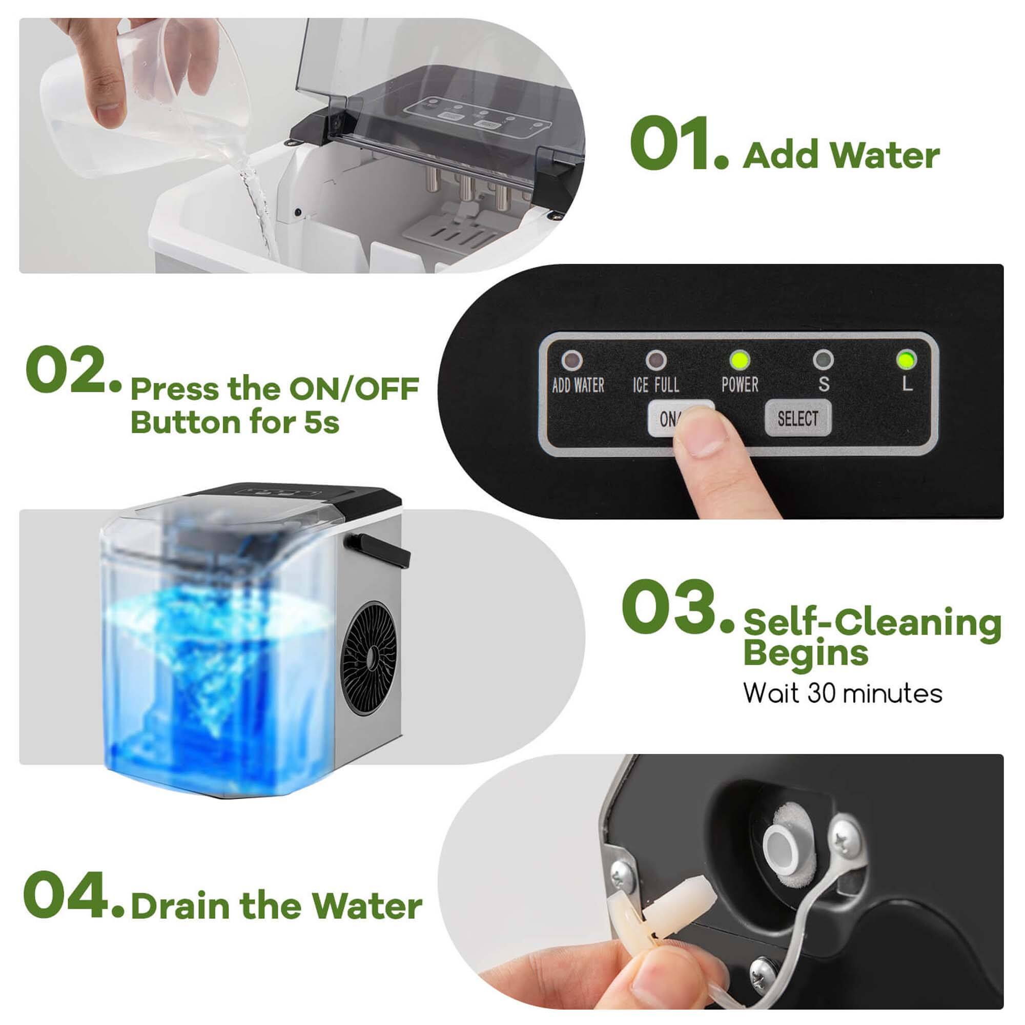 01. Add Water
02. Press the ON/OFF Button for 5 seconds
03. Self-Cleaning Begins, Wait 30 minutes
04. Drain the Water