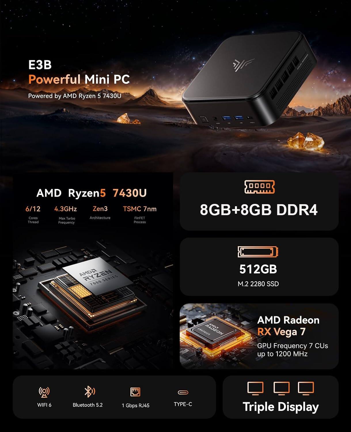 E3B Powerful Mini PC  
Powered by AMD Ryzen 5 7430U

AMD Ryzen5 7430U  
6/12 Cores  
4.3GHz Max Turbo Frequency  
Zen3 Architecture  
TSMC 7nm FinFET Process

8GB+8GB DDR4

512GB M.2 2280 SSD

AMD Radeon RX Vega 7  
GPU Frequency 7 CUs up to 1200 MHz

WIFI 6  
Bluetooth 5.2  
1 Gbps RJ45  
TYPE-C  
Triple Display