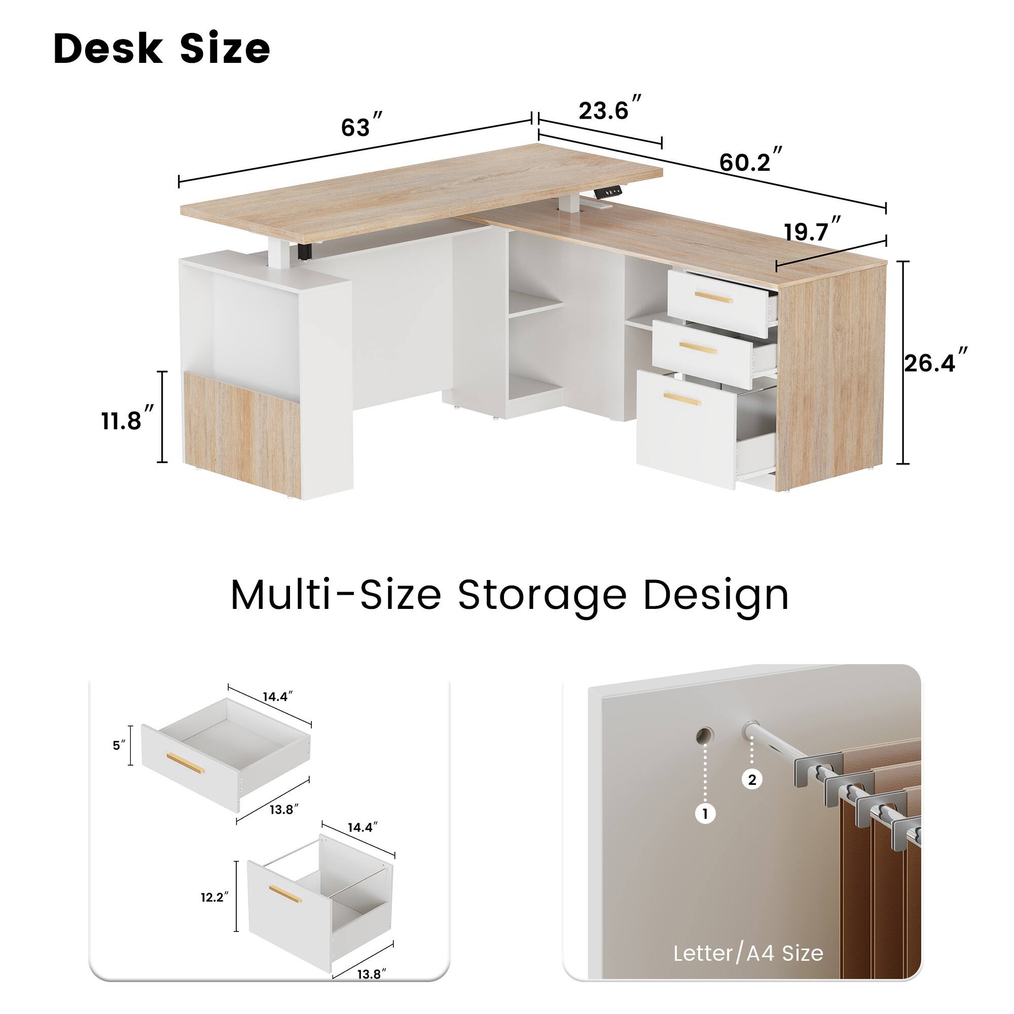 ModernMate - 63" Standing Desk , Privacy Panel, AC/USB , Home Office Table with 3 Drawers - Light Walnut - Thumbnail 3