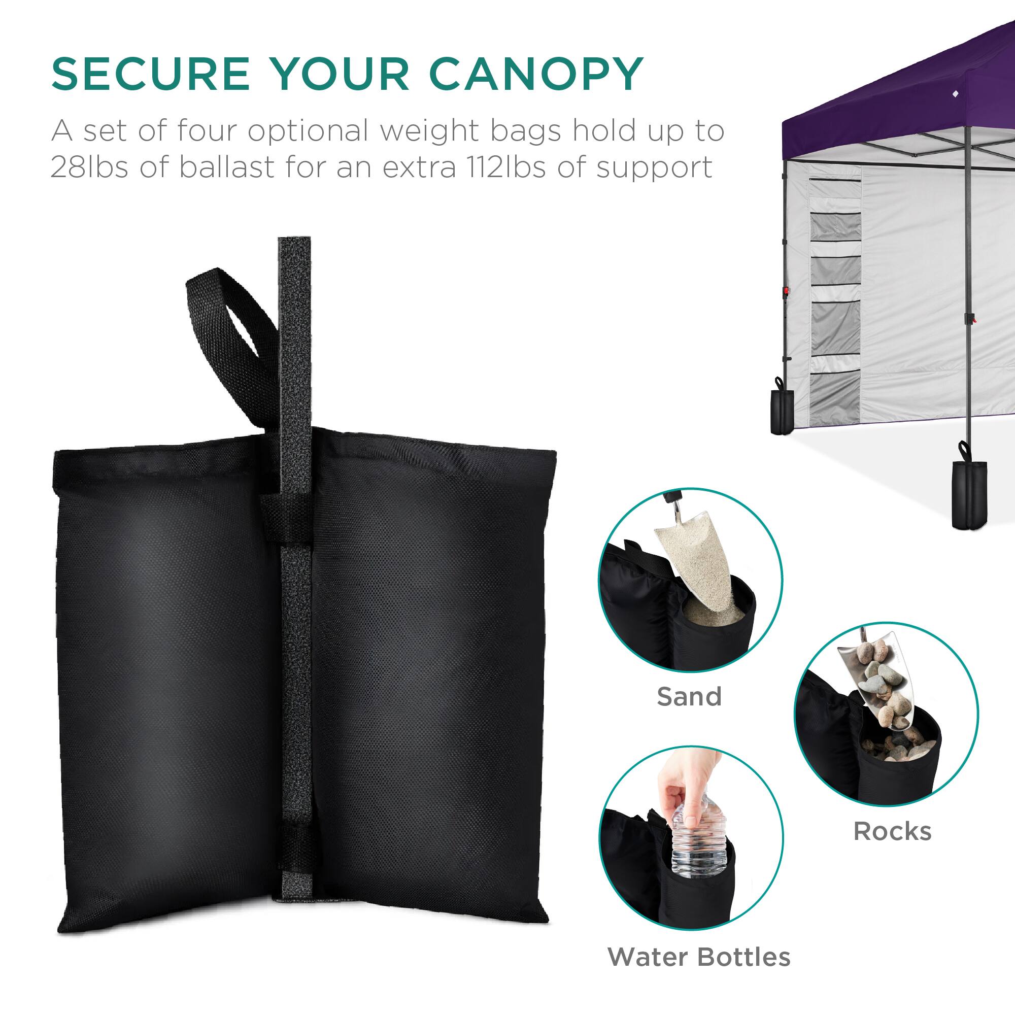 SECURE YOUR CANOPY

A set of four optional weight bags hold up to 28lbs of ballast for an extra 112lbs of support

Sand  
Rocks  
Water Bottles