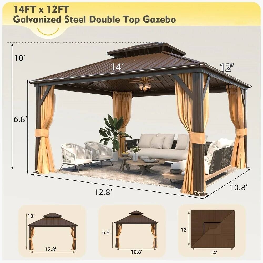 14FT x 12FT Galvanized Steel Double Top Gazebo

- 14'
- 12'
- 10.8'
- 12.8'
- 10'
- 6.8'
- 10.8'
- 12'
- 12.8'
- 10.8'
- 14'