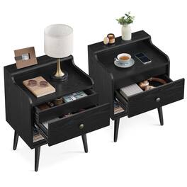 Songmics Home - Nightstands, Set of 2, Bedside Tables with Hidden Drawers, Mid-Century End Side Tables with Solid Wood Legs, for Bedroom - Ebony Black