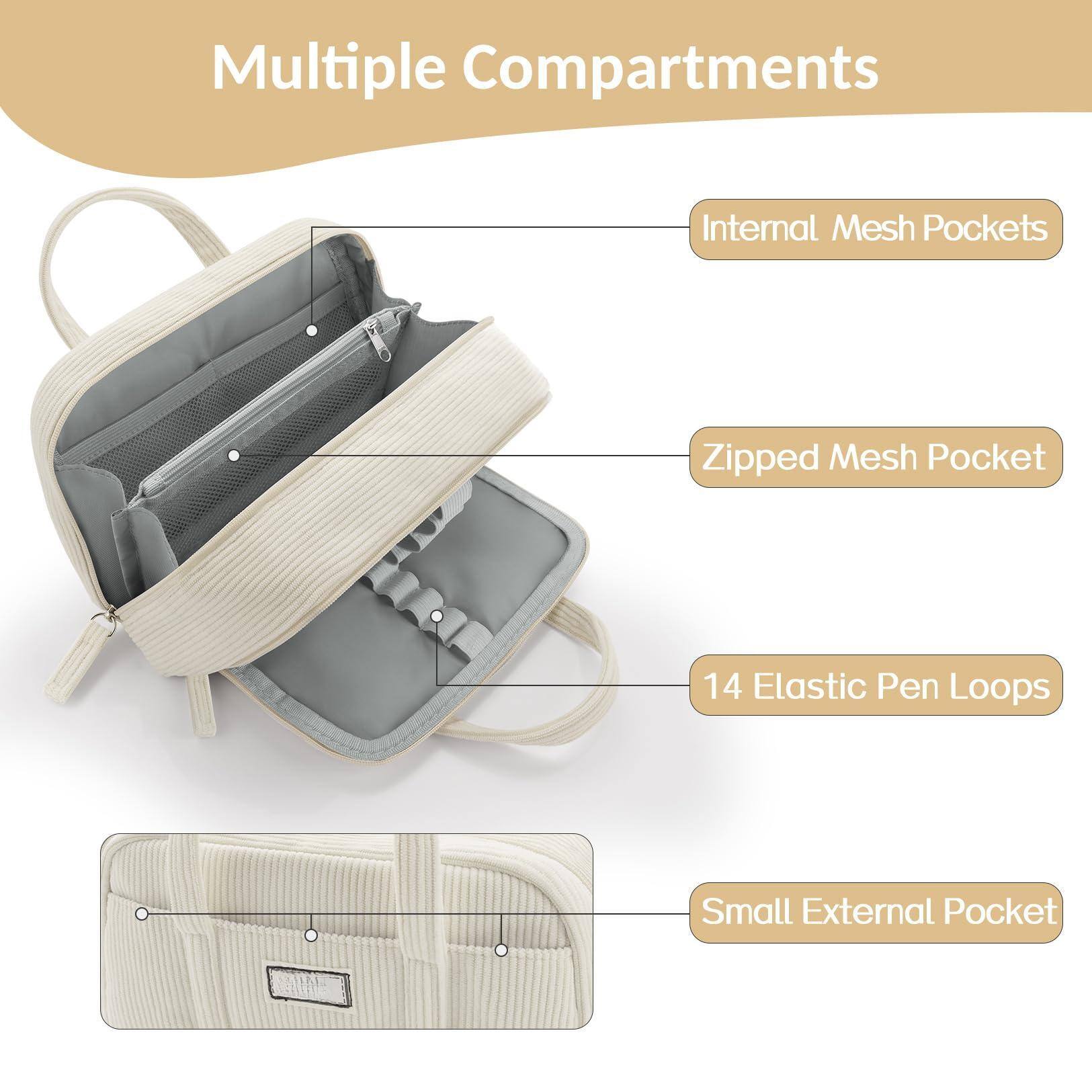 Multiple Compartments

- Internal Mesh Pockets
- Zipped Mesh Pocket
- 14 Elastic Pen Loops
- Small External Pocket