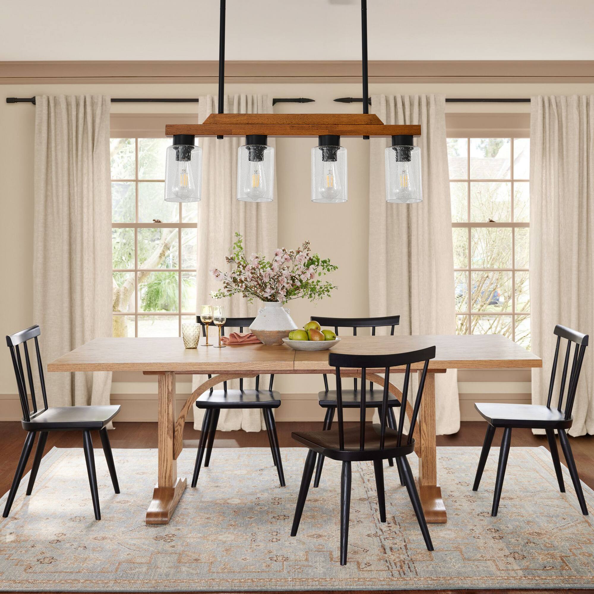 Angle. RYHNUYNE - 4-Light Rustic Chandelier 28 Inch Wood Linear Pendant Light with Seed Glass Shades Adjustable Farmhouse Island Lighting.