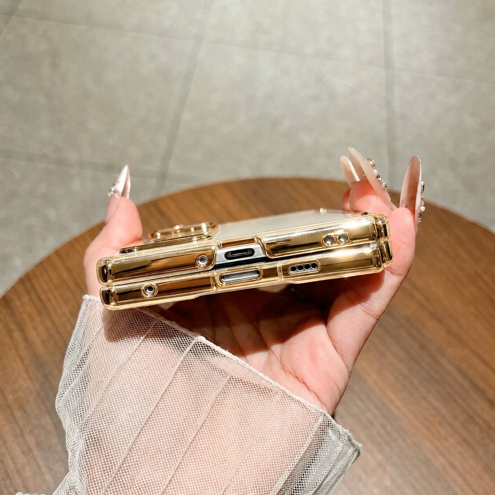 Back. Dteck - Plating Build in Tempered Glass Screen Cover for Samsung Galaxy Z Fold 8, Shockproof Kickstand Hard PC Clear Back Cover - Gold.