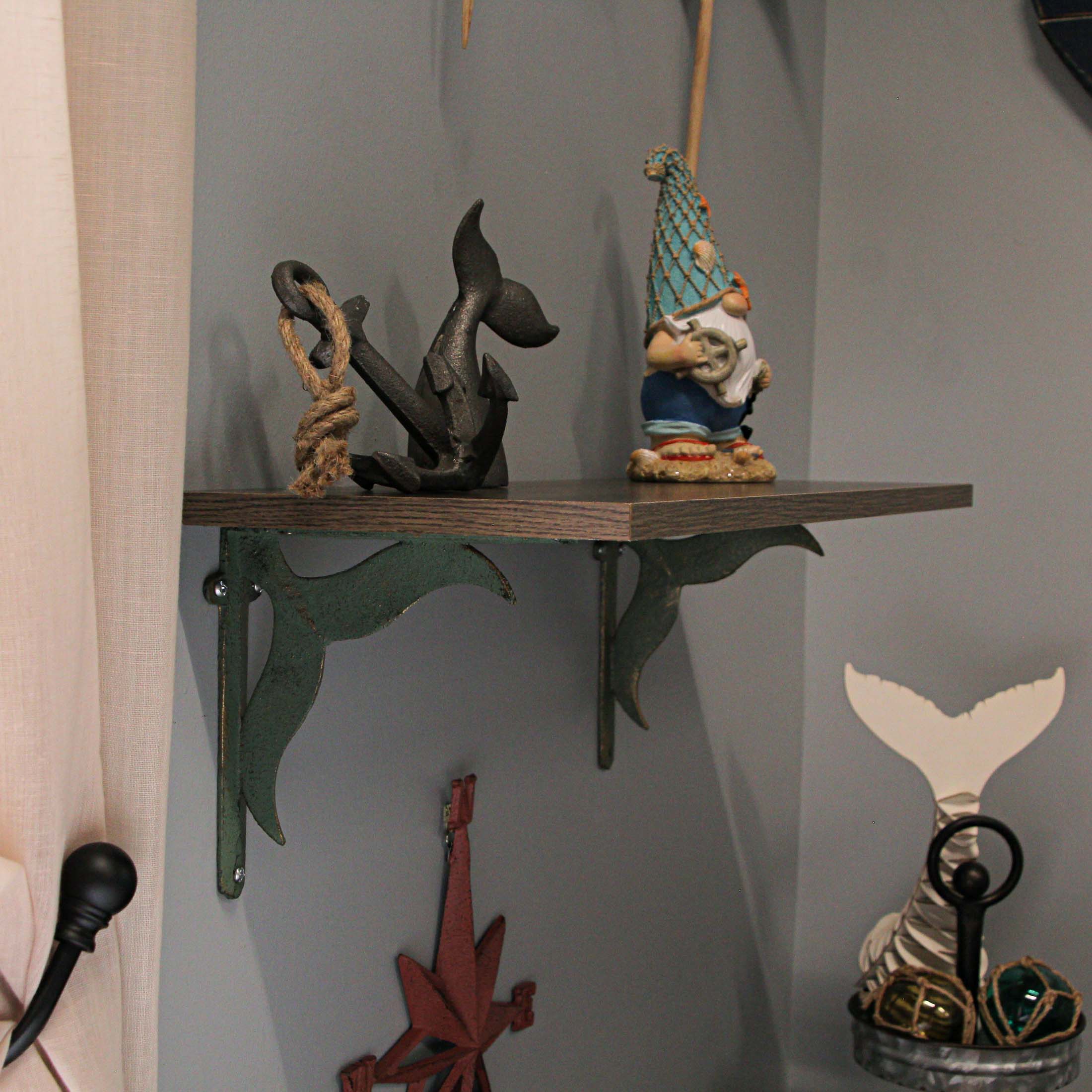 Alt View 3. Zeckos - Set of 2 Cast Iron Verdigris Whale Tail Wall Bracket Shelf Decor - Green.