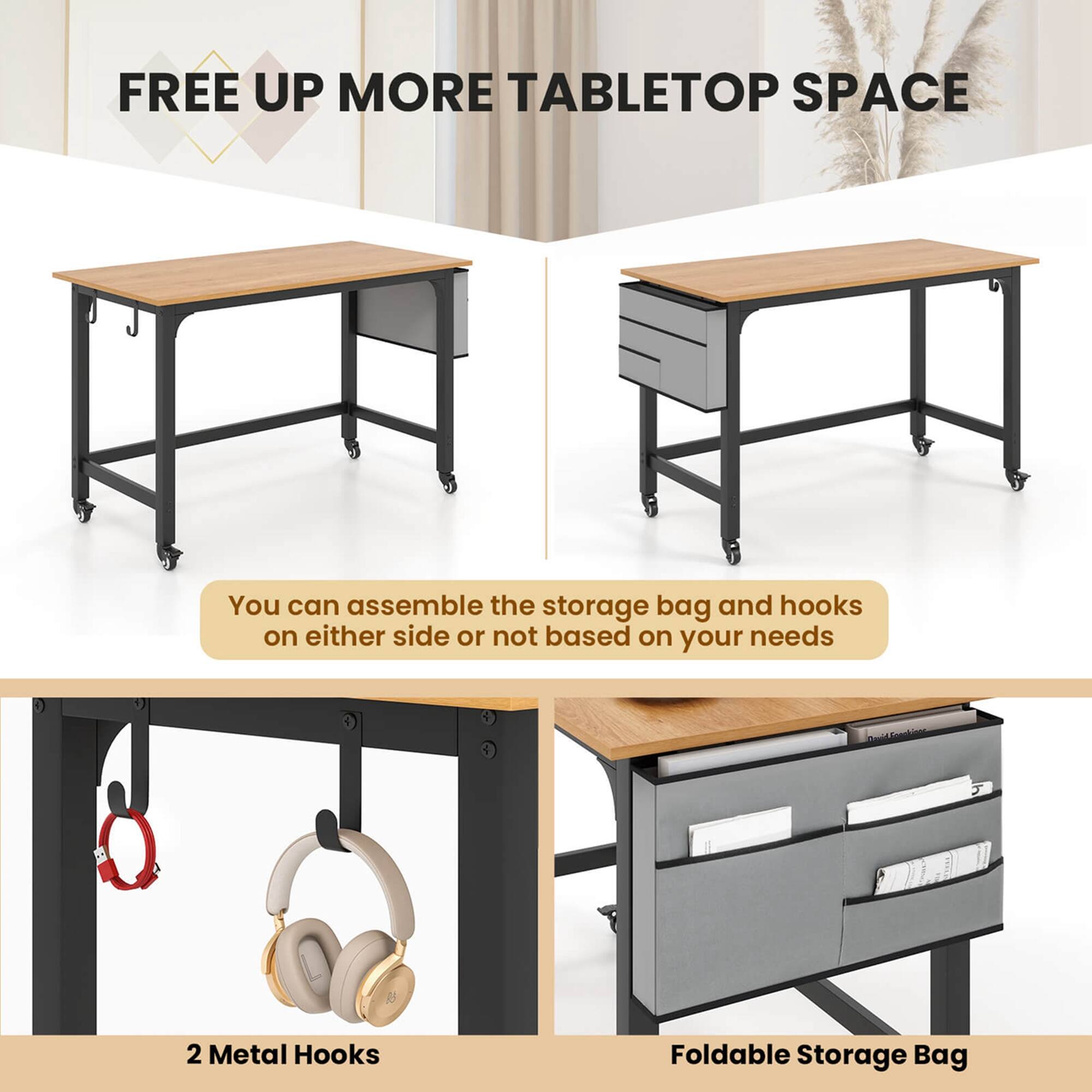 FREE UP MORE TABLETOP SPACE

You can assemble the storage bag and hooks on either side or not based on your needs

2 Metal Hooks

Foldable Storage Bag