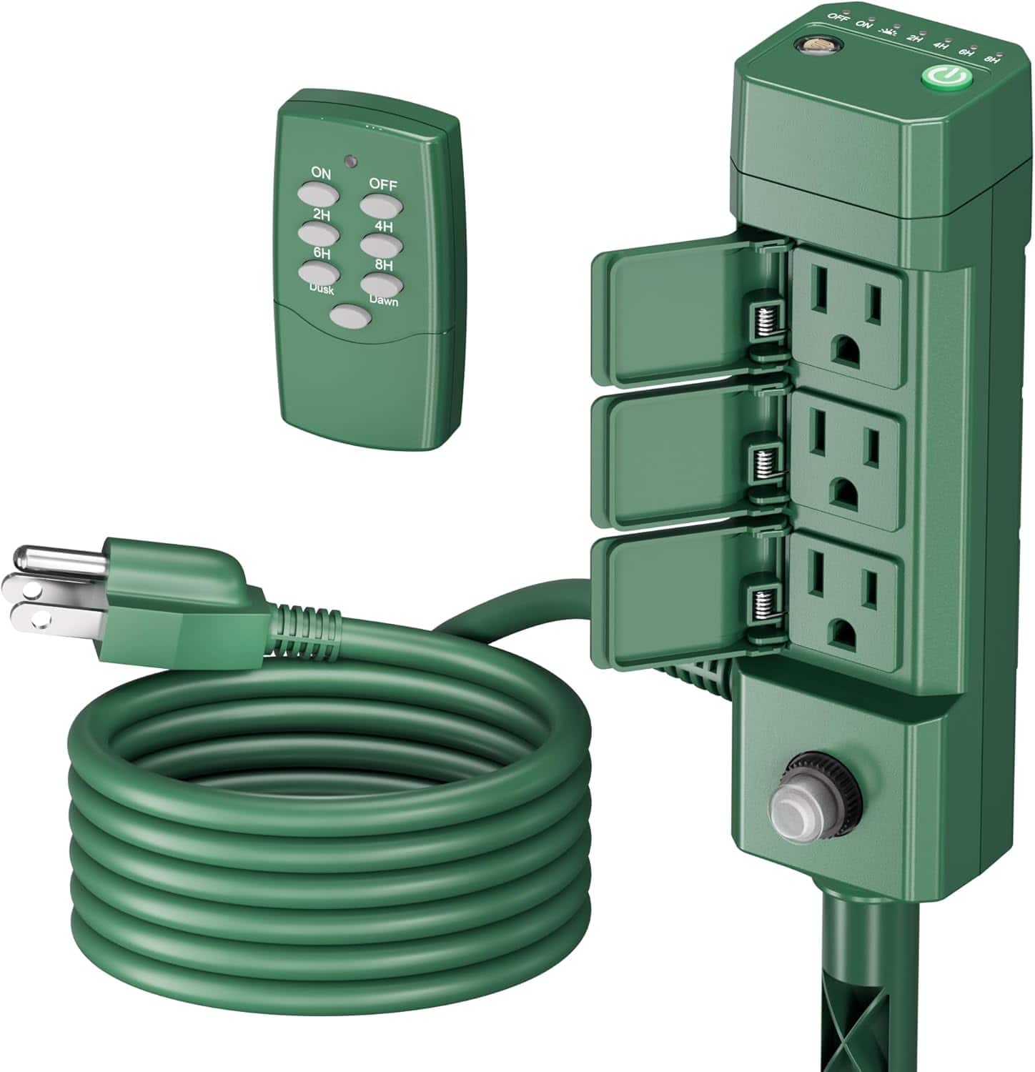 BN-LINK - Outdoor Power Stake Timer with 100FT Remote, Dusk to Dawn Sensor, 6 Grounded Outlets, ETL Listed - Green