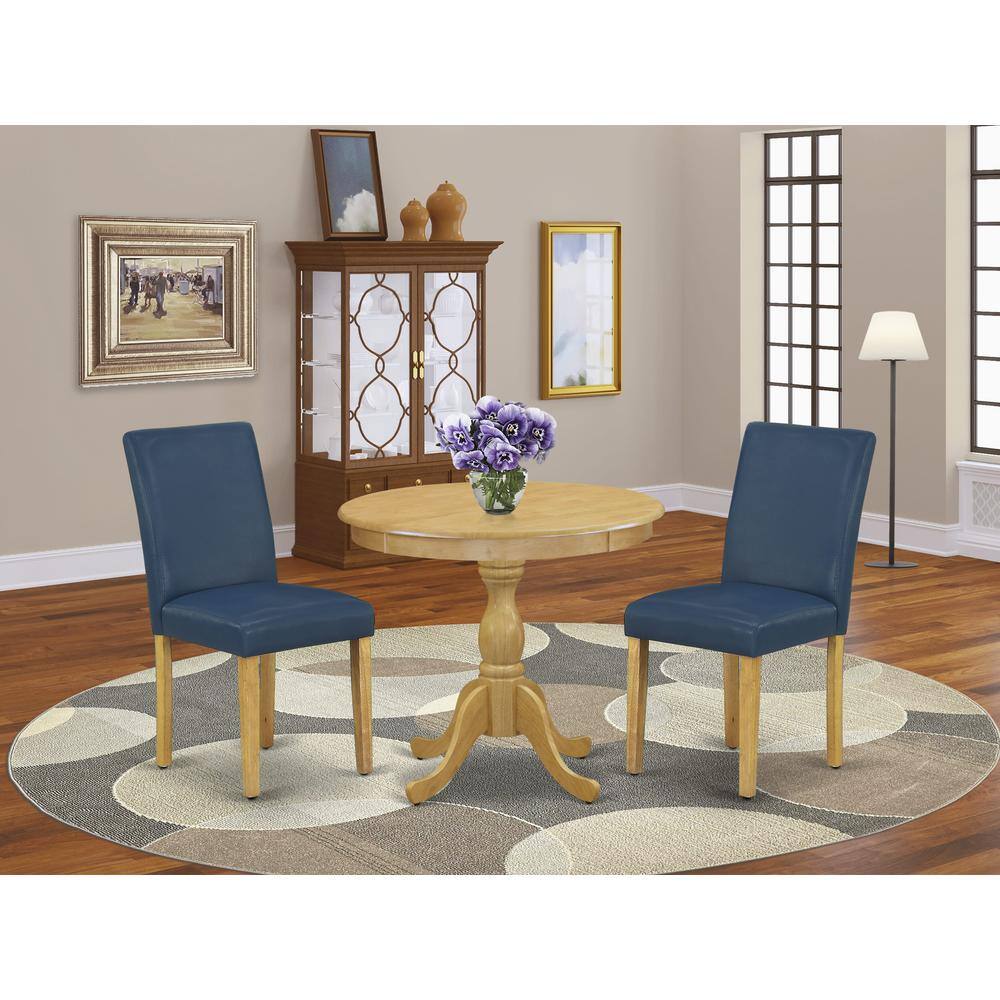 Back. East West Furniture - AMAB3-OAK-55 3 Piece Dining Table Set - 1 Wood Dining Table and 2 Oasis Blue Kitchen Chairs - Oak Finish - Oak.