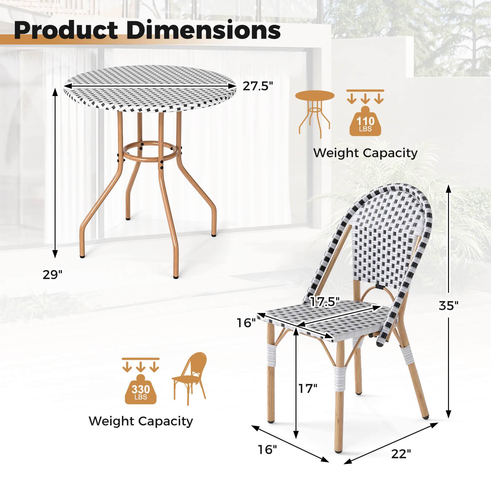 Product Dimensions: 27.5" x 29" x 16"  
Weight Capacity: 110 LBS  
Chair Dimensions: 17.5" x 17" x 35" x 16" x 22"  
Weight Capacity: 330 LBS