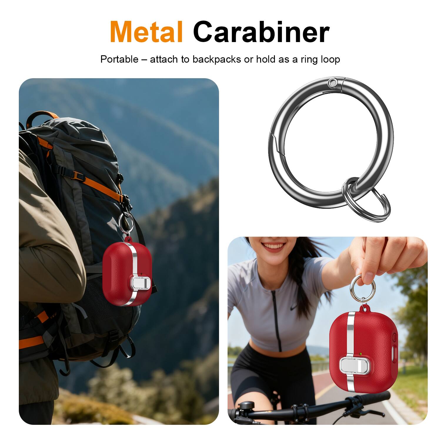Metal Carabiner  
Portable – attach to backpacks or hold as a ring loop