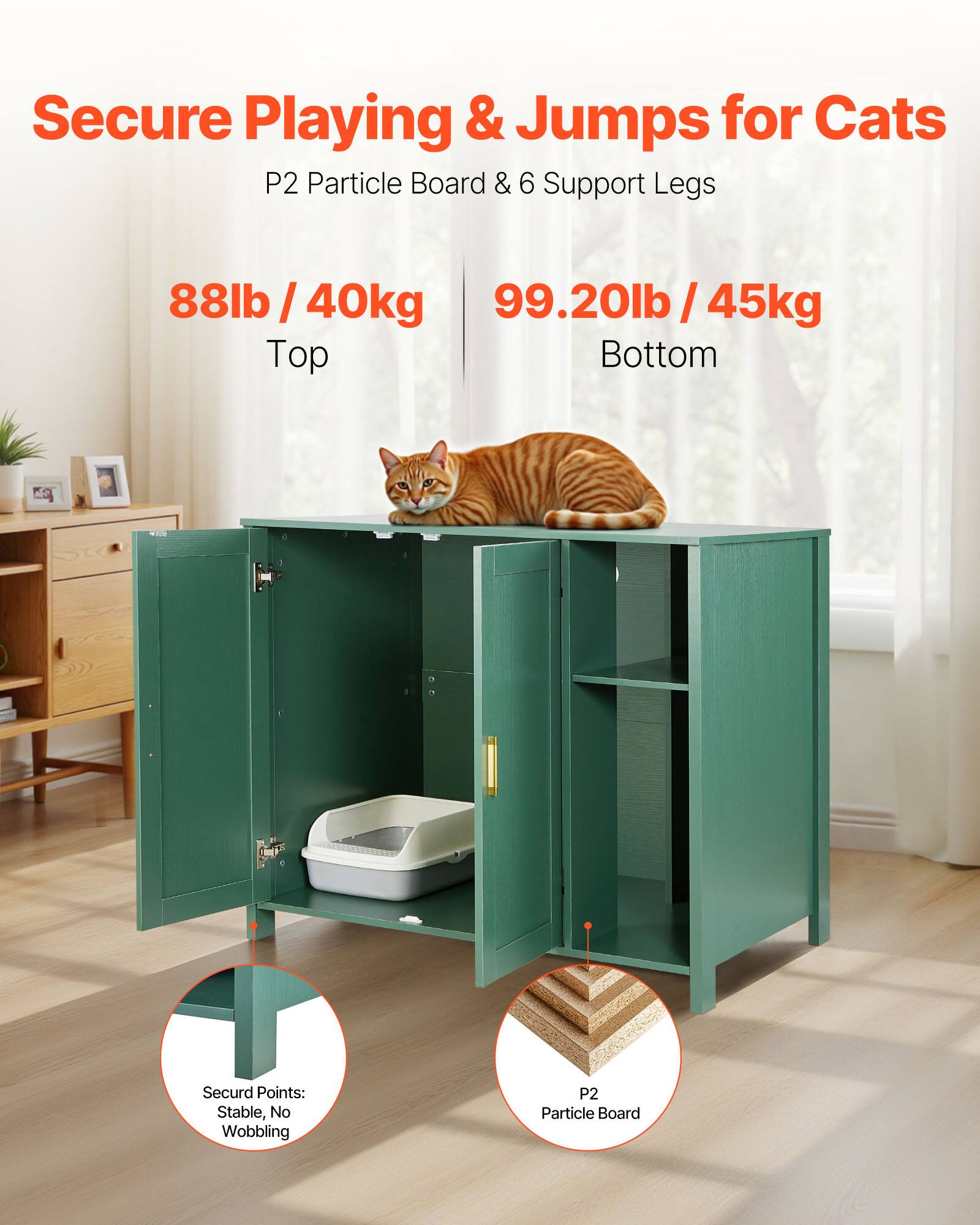 Secure Playing & Jumps for Cats  
P2 Particle Board & 6 Support Legs  

88lb / 40kg Top  
99.20lb / 45kg Bottom  

Securd Points: Stable, No Wobbling  
P2 Particle Board