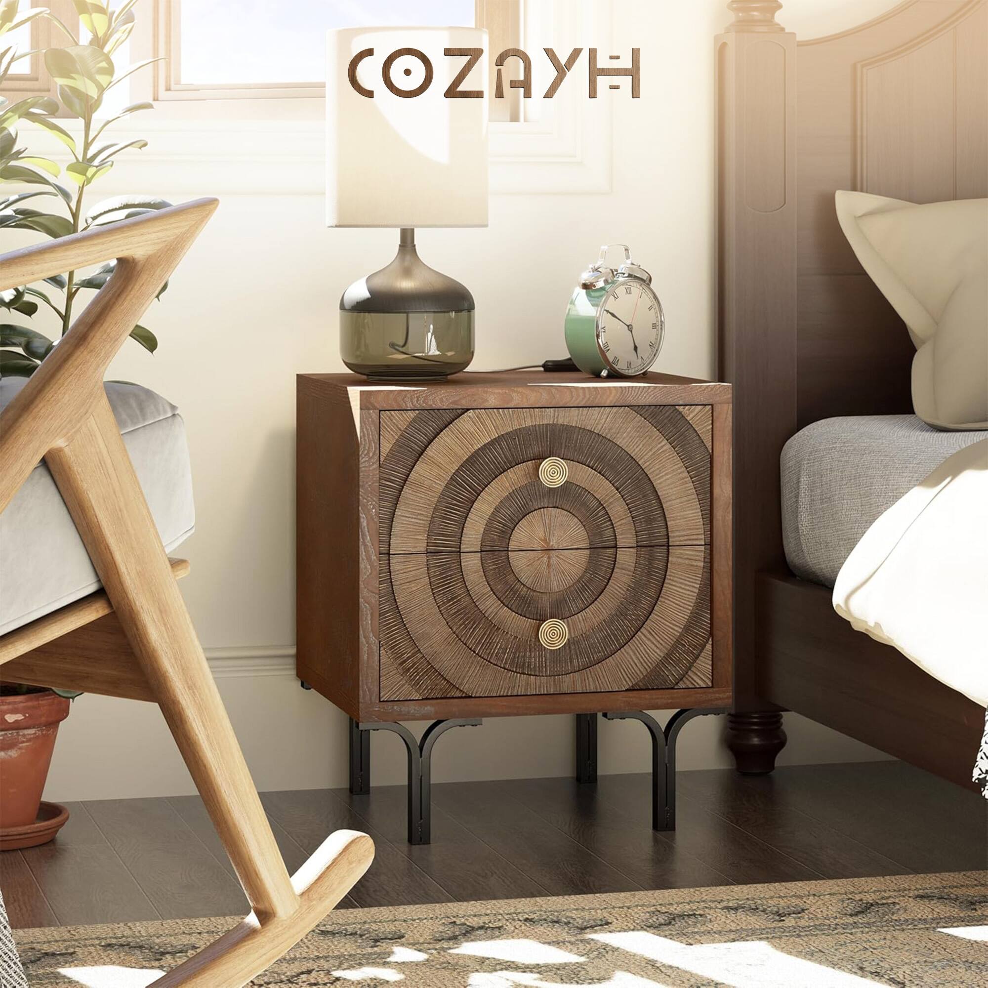 Alt View 6. Aoikax - Aoikax Farmhouse 2-Drawer Nightstand, Wooden Storage Dresser with Circle Pattern - Brown.