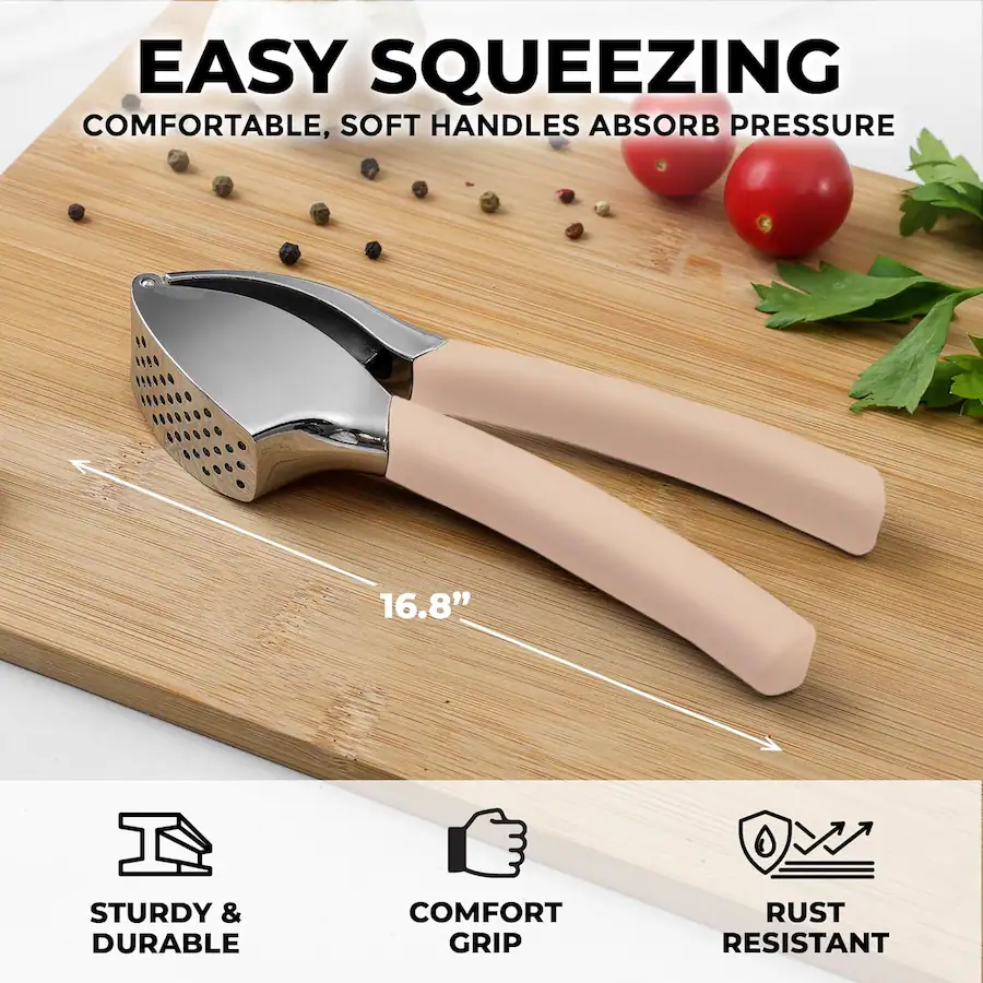 Lightpik Zulay Kitchen Garlic Press Mincer with Peeler and Brush Light Pink ...