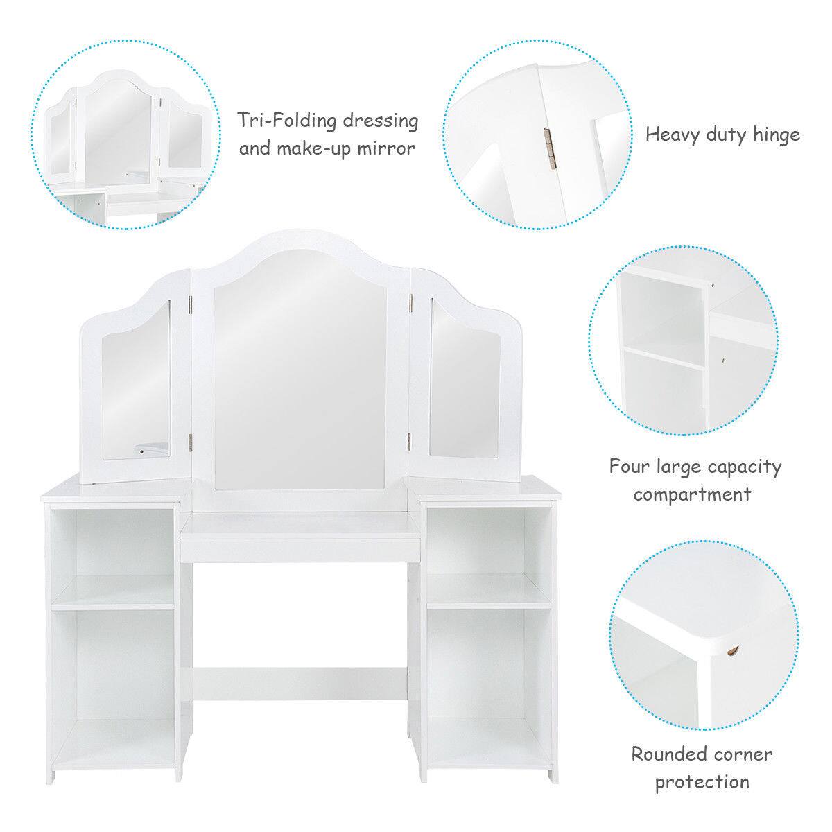 Tri-Folding dressing and make-up mirror, Heavy duty hinge, Four large capacity compartment, Rounded corner protection
