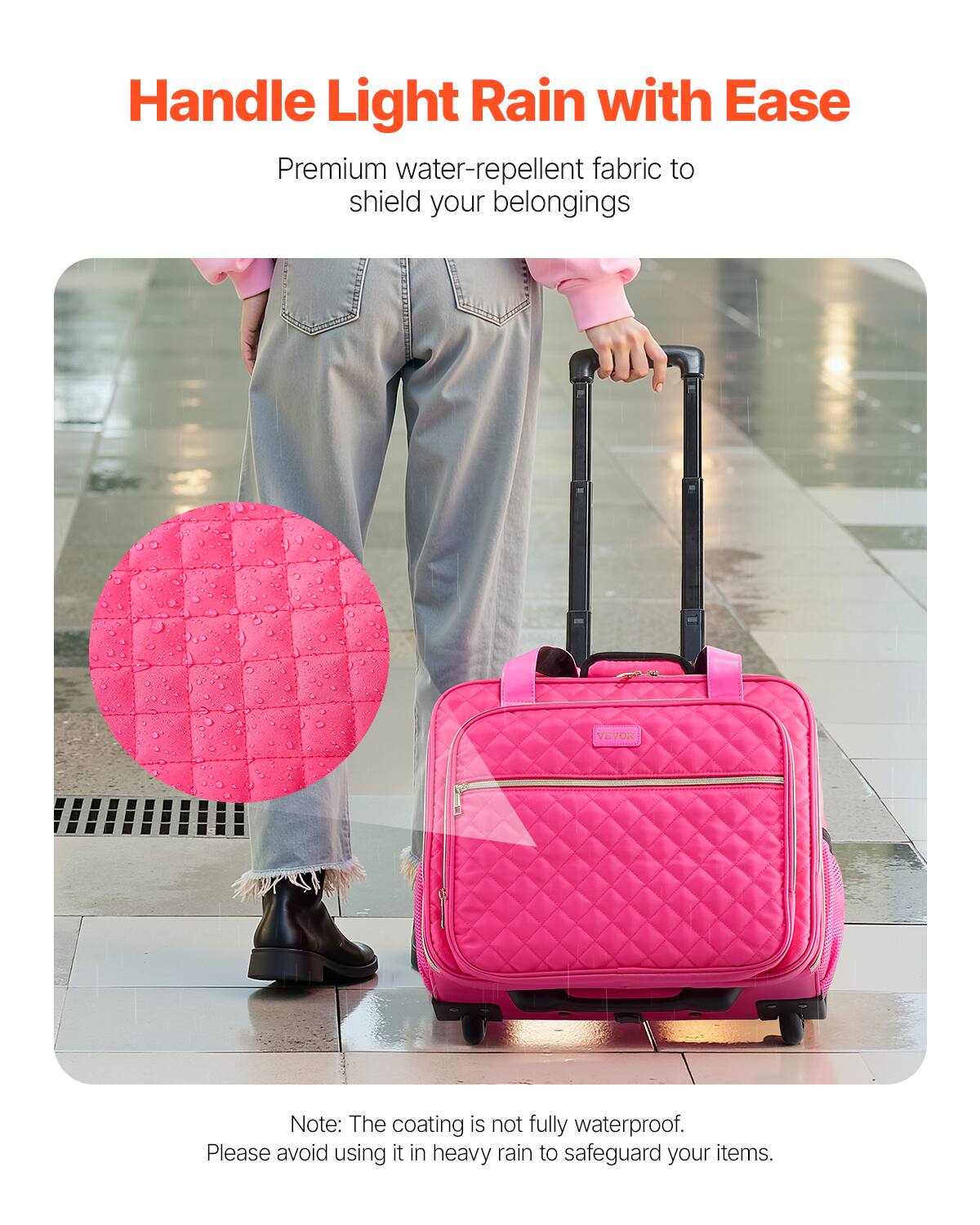 Handle Light Rain with Ease

Premium water-repellent fabric to shield your belongings

Note: The coating is not fully waterproof. Please avoid using it in heavy rain to safeguard your items.