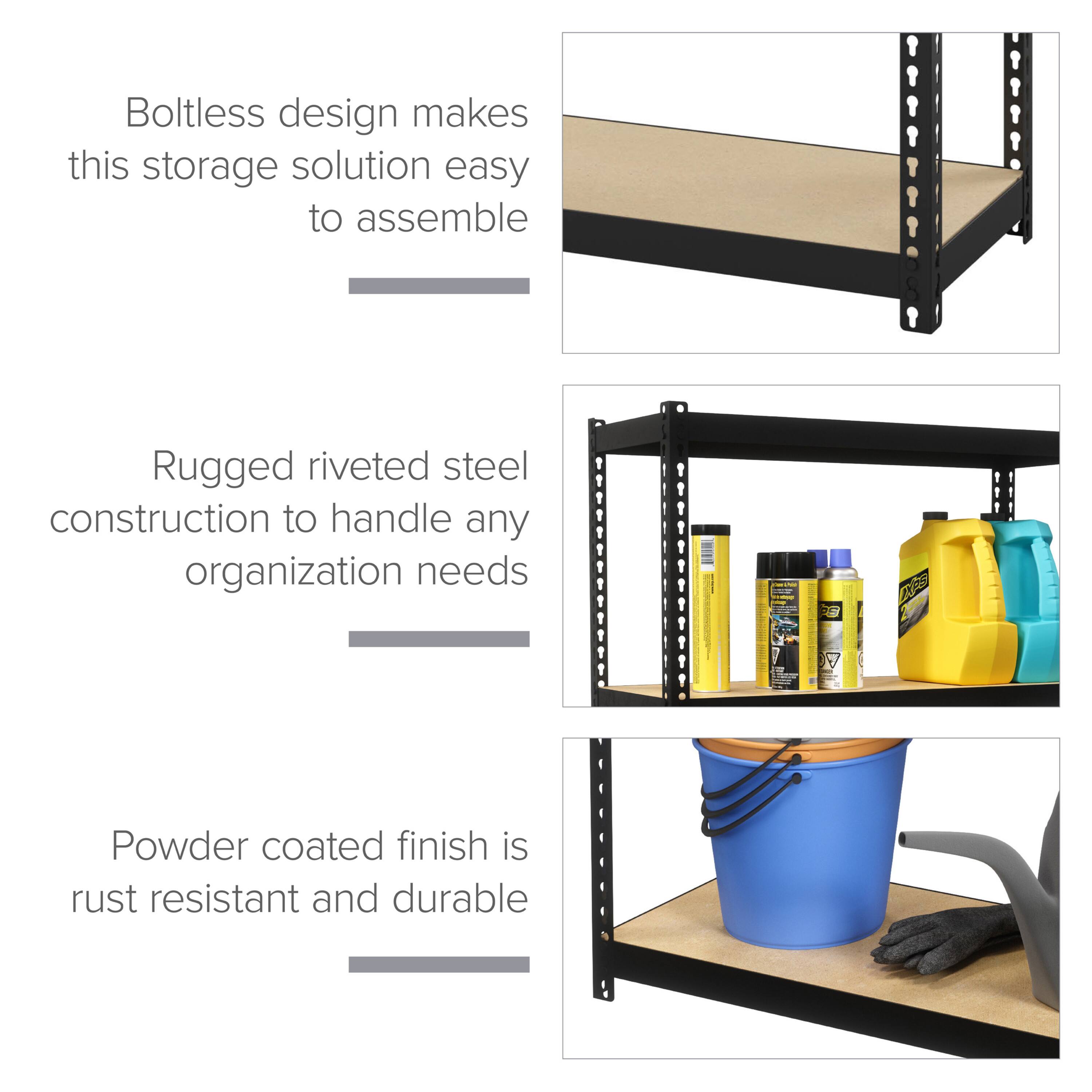 Boltless design makes this storage solution easy to assemble, rugged riveted steel construction to handle any organization needs, powder coated finish is rust resistant and durable.